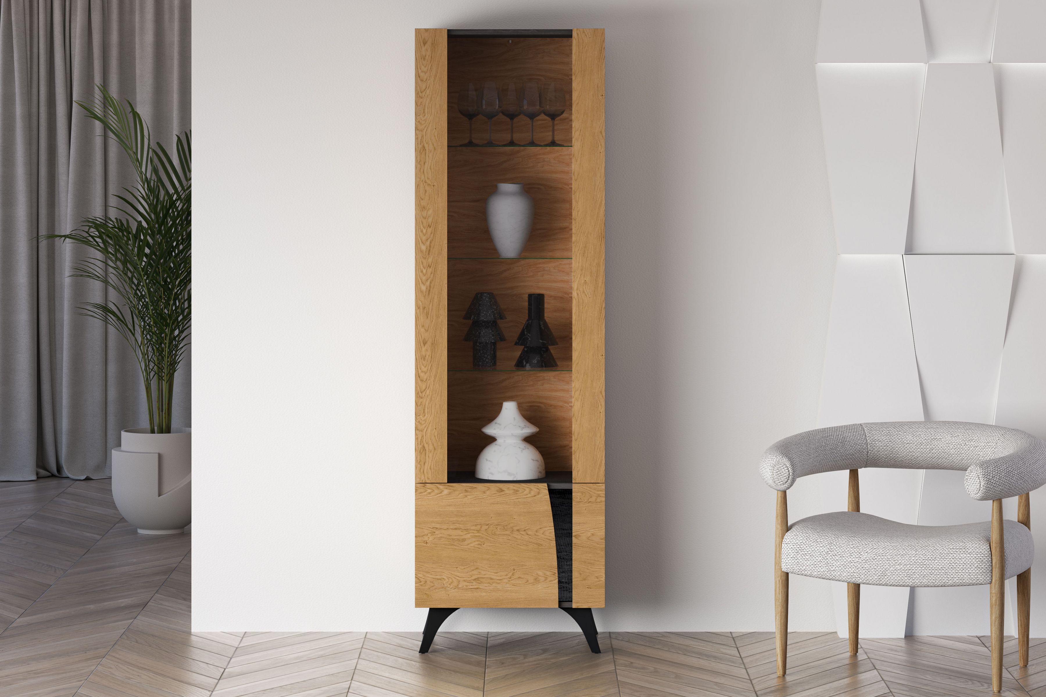 Vitrína Natina 02 ľavá 58 cm - dub baltic dune Vitrína Natina 02 ľavostranná 58 cm - Dub baltic dune / Jaseň portland Čierny