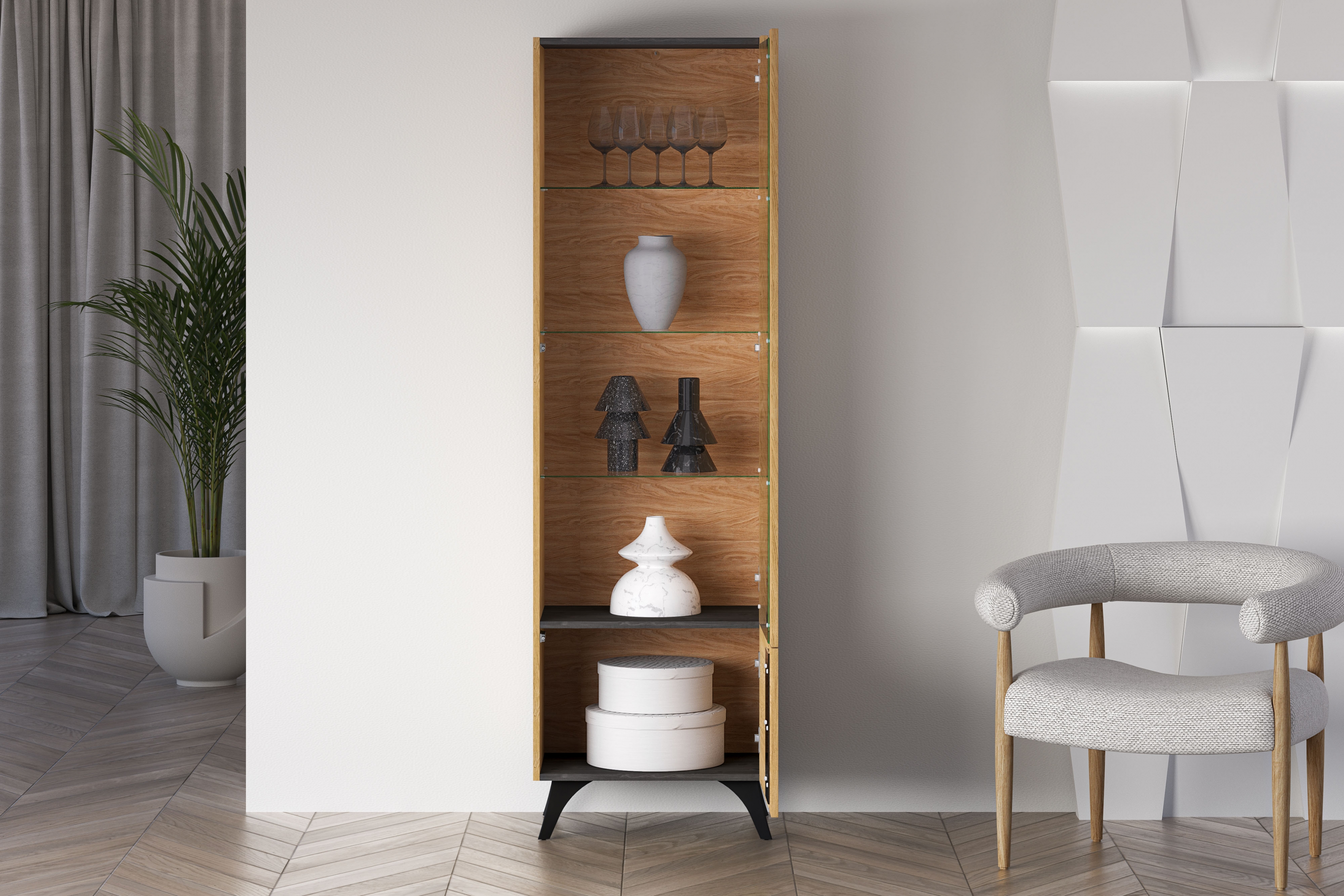 Vitrína Natina 02 pravá 58 cm - dub baltic dune Vitrína Natina 02 Pravostranná 58 cm - Dub baltic dune / Jaseň portland Čierny