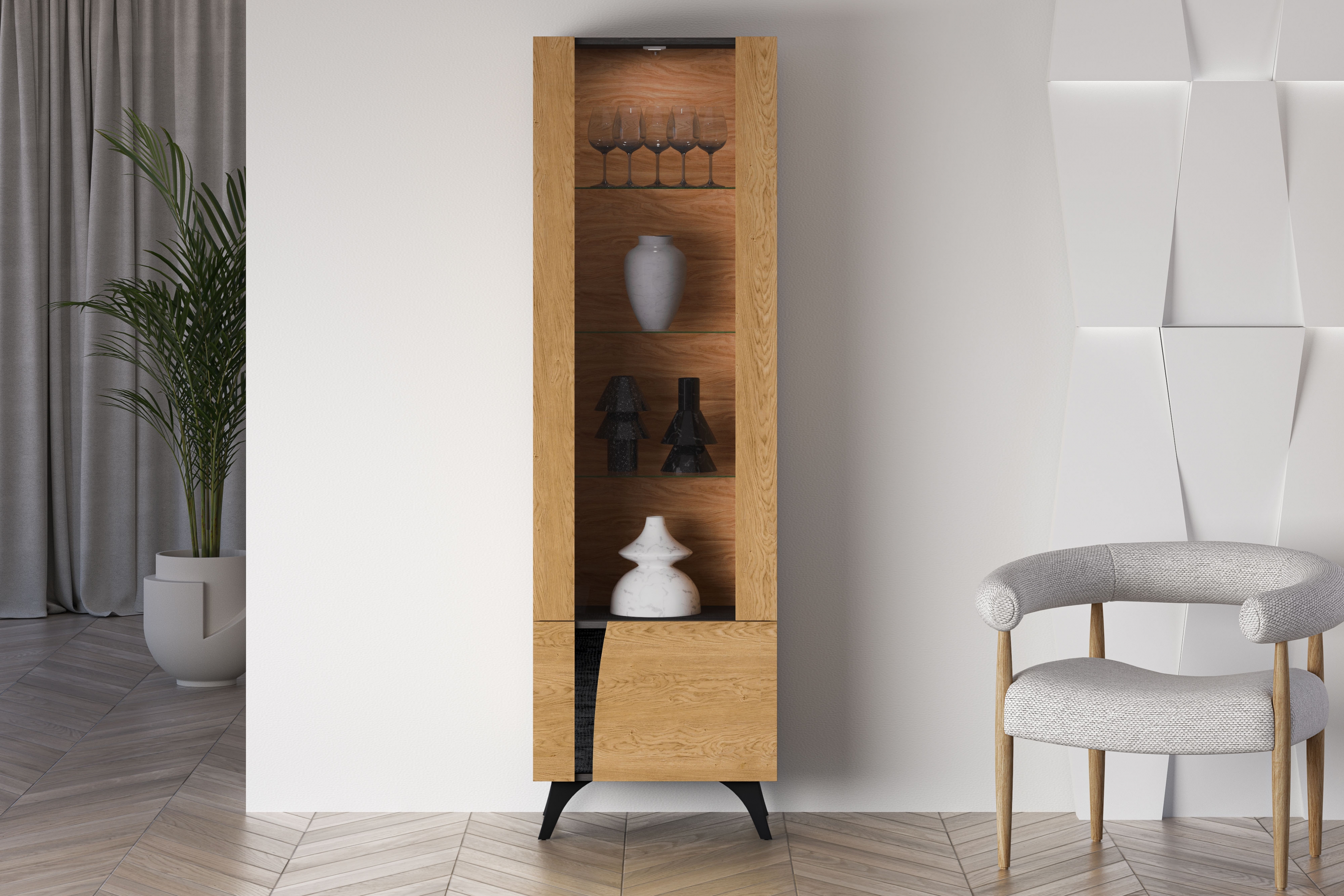 Vitrína Natina 02 pravá 58 cm - dub baltic dune Vitrína Natina 02 Pravostranná 58 cm - Dub baltic dune / Jaseň portland Čierny