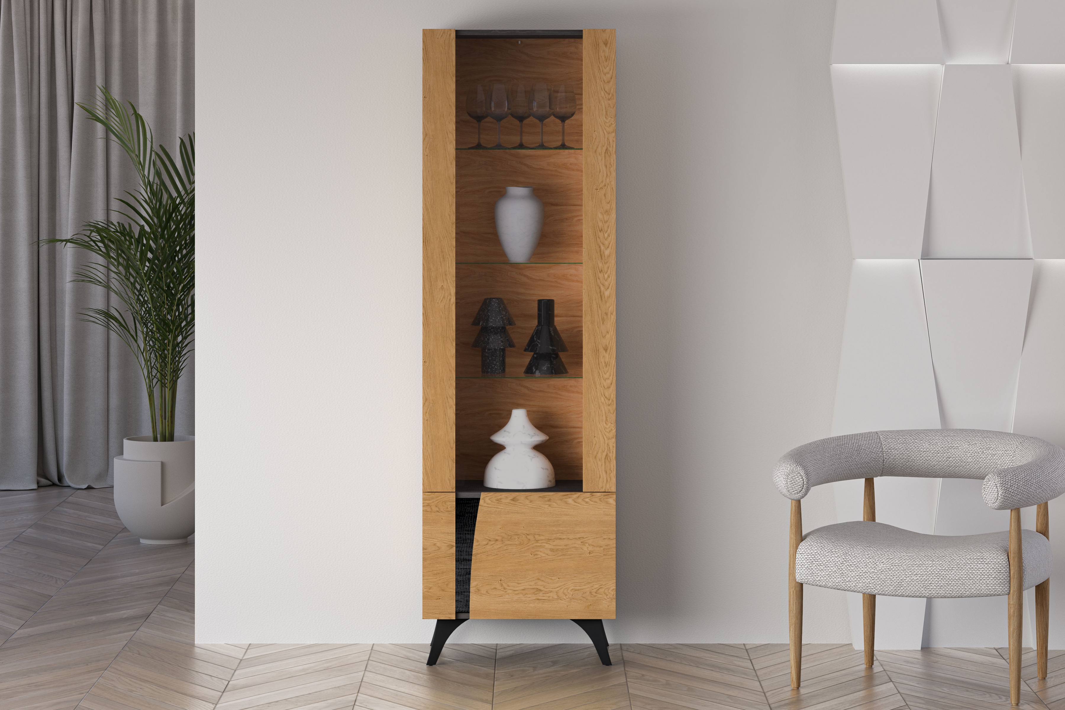 Vitrína Natina 02 pravá 58 cm - dub baltic dune Vitrína Natina 02 Pravostranná 58 cm - Dub baltic dune / Jaseň portland Čierny