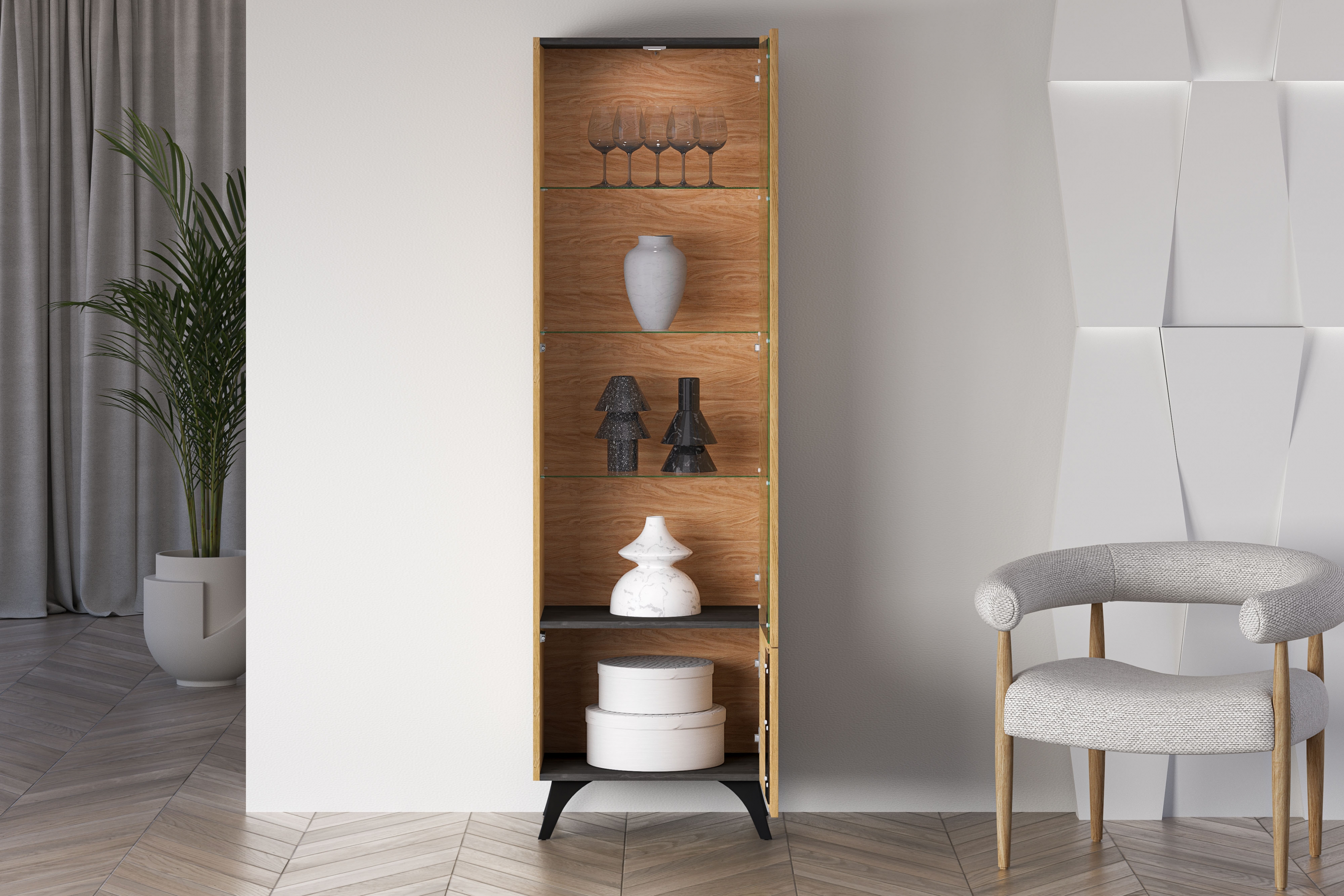 Vitrína Natina 02 pravá 58 cm - dub baltic dune Vitrína Natina 02 Pravostranná 58 cm - Dub baltic dune / Jaseň portland Čierny