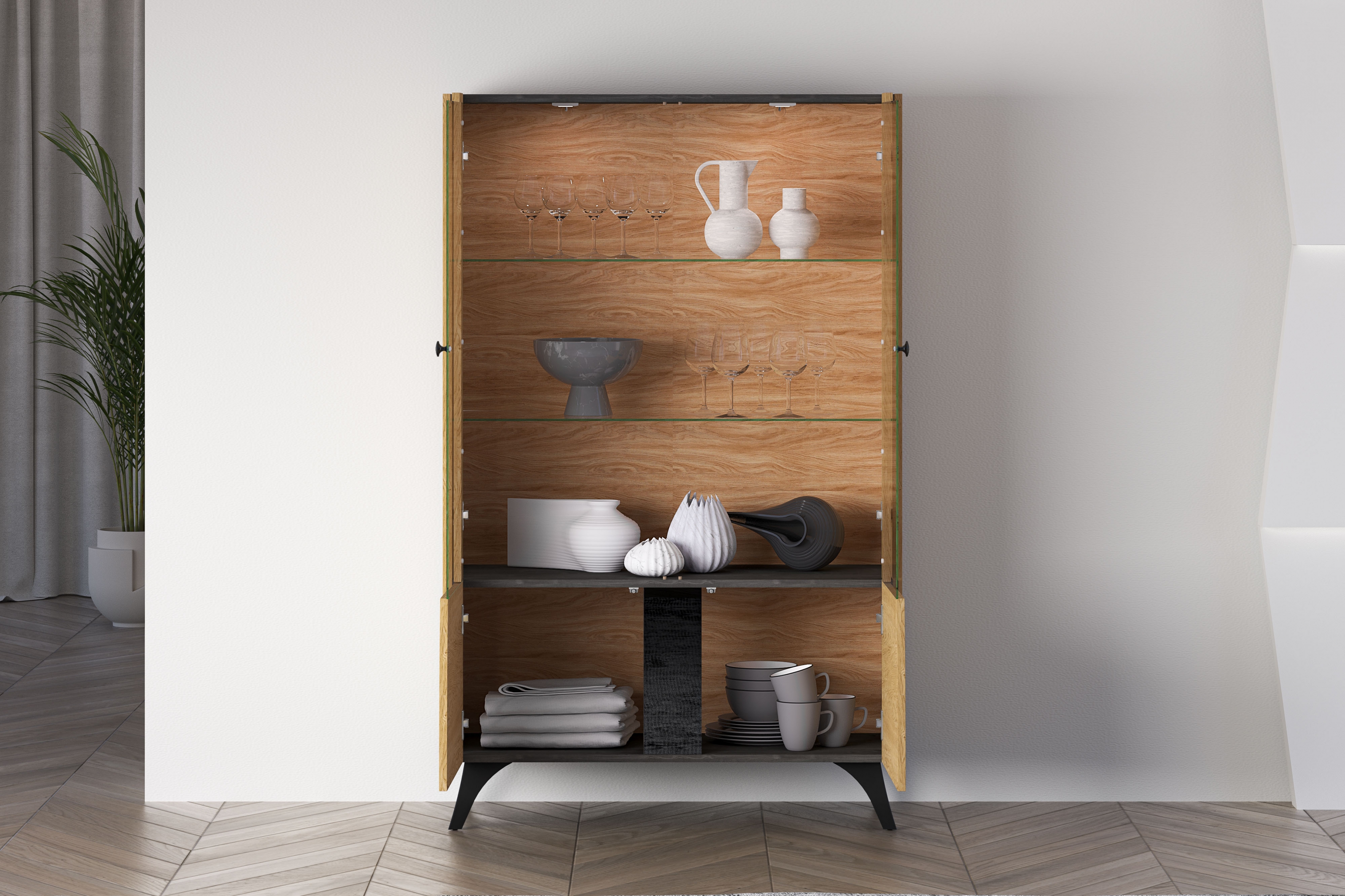 Vitrína Natina 03 - 95 cm - dub baltic dune / čierny jaseň portland Vitrína Natina 03 - 95 cm - Dub baltic dune / Jaseň portland Čierny