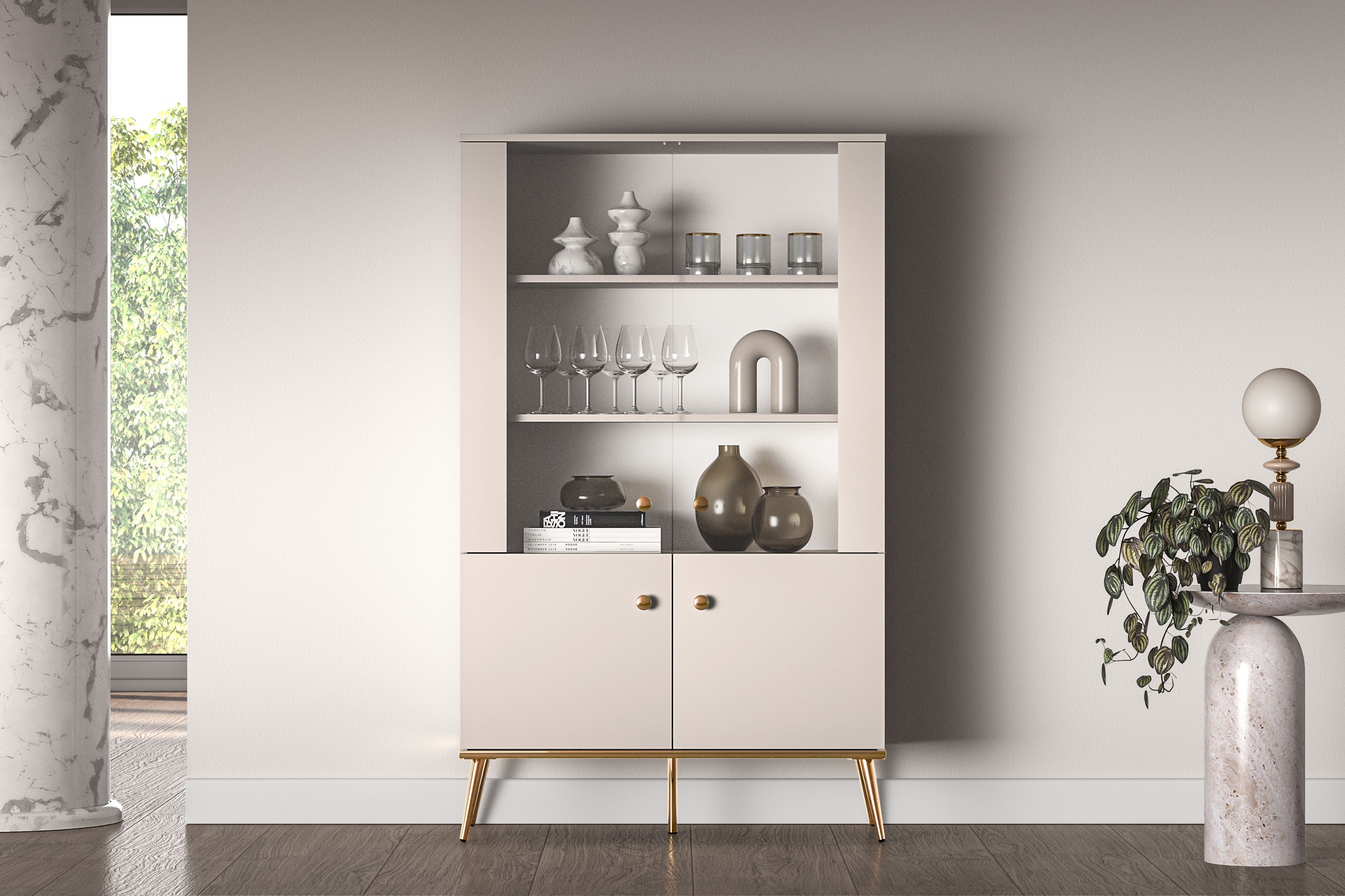 Vitrína Narelli 02 92 cm - kašmír / zlaté nožičky Vitrína Nerelli 02 - 92 cm - kašmír / zlote nožičky