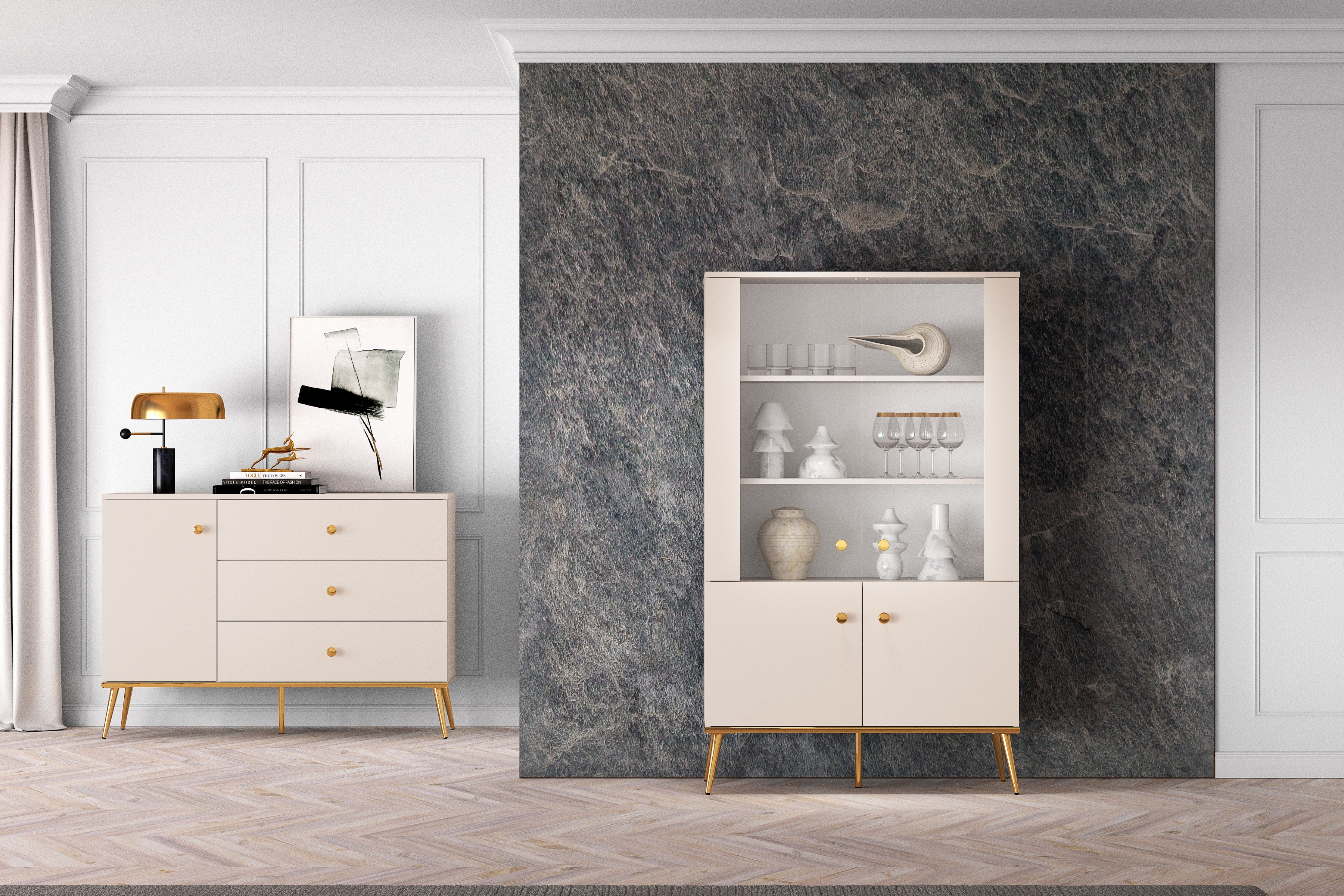 Vitrína Narelli 02 92 cm - kašmír / zlaté nožičky Vitrína Nerelli 02 - 92 cm - kašmír / zlote nožičky