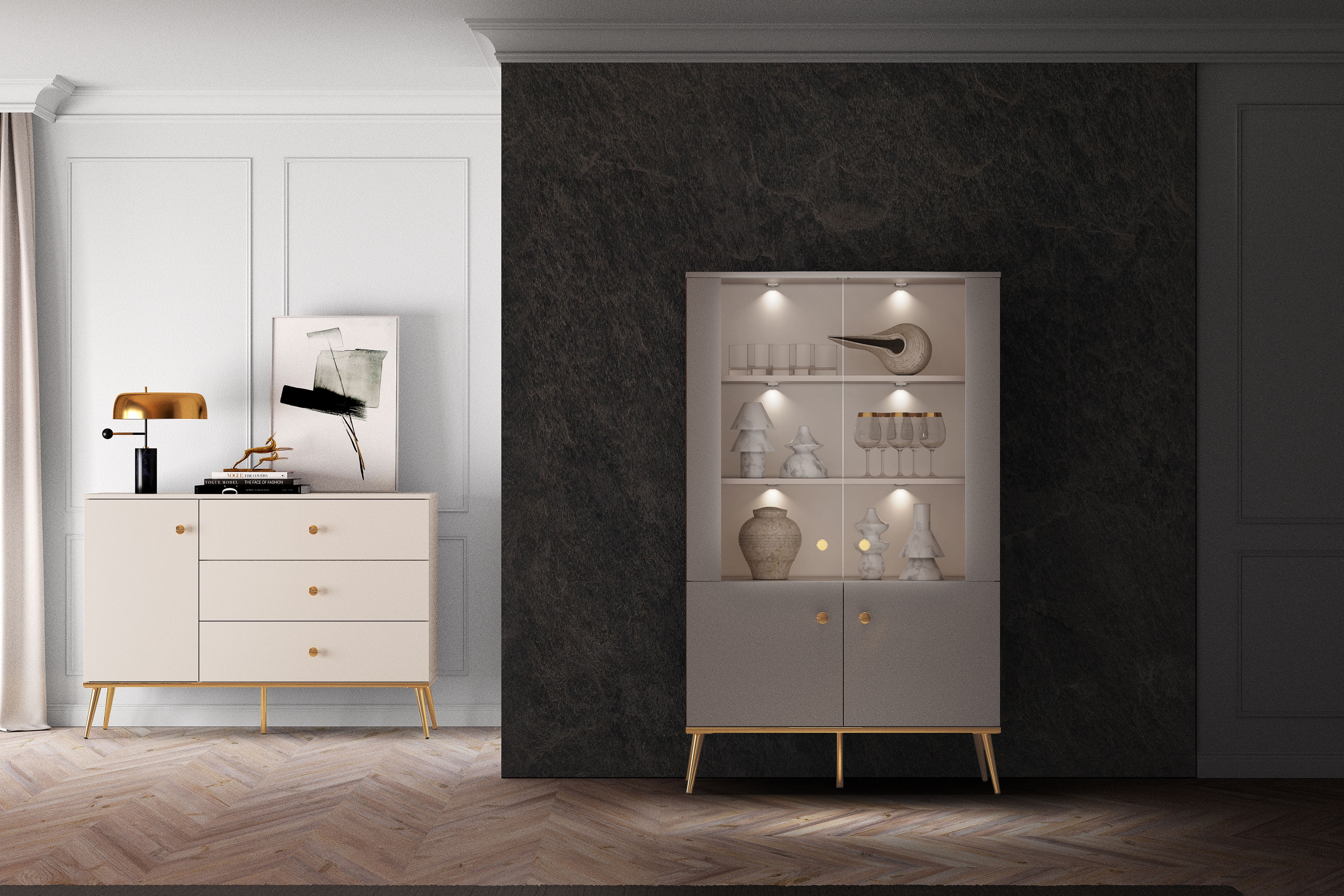 Vitrína Narelli 02 92 cm - kašmír / zlaté nožičky Vitrína Nerelli 02 - 92 cm - kašmír / zlote nožičky