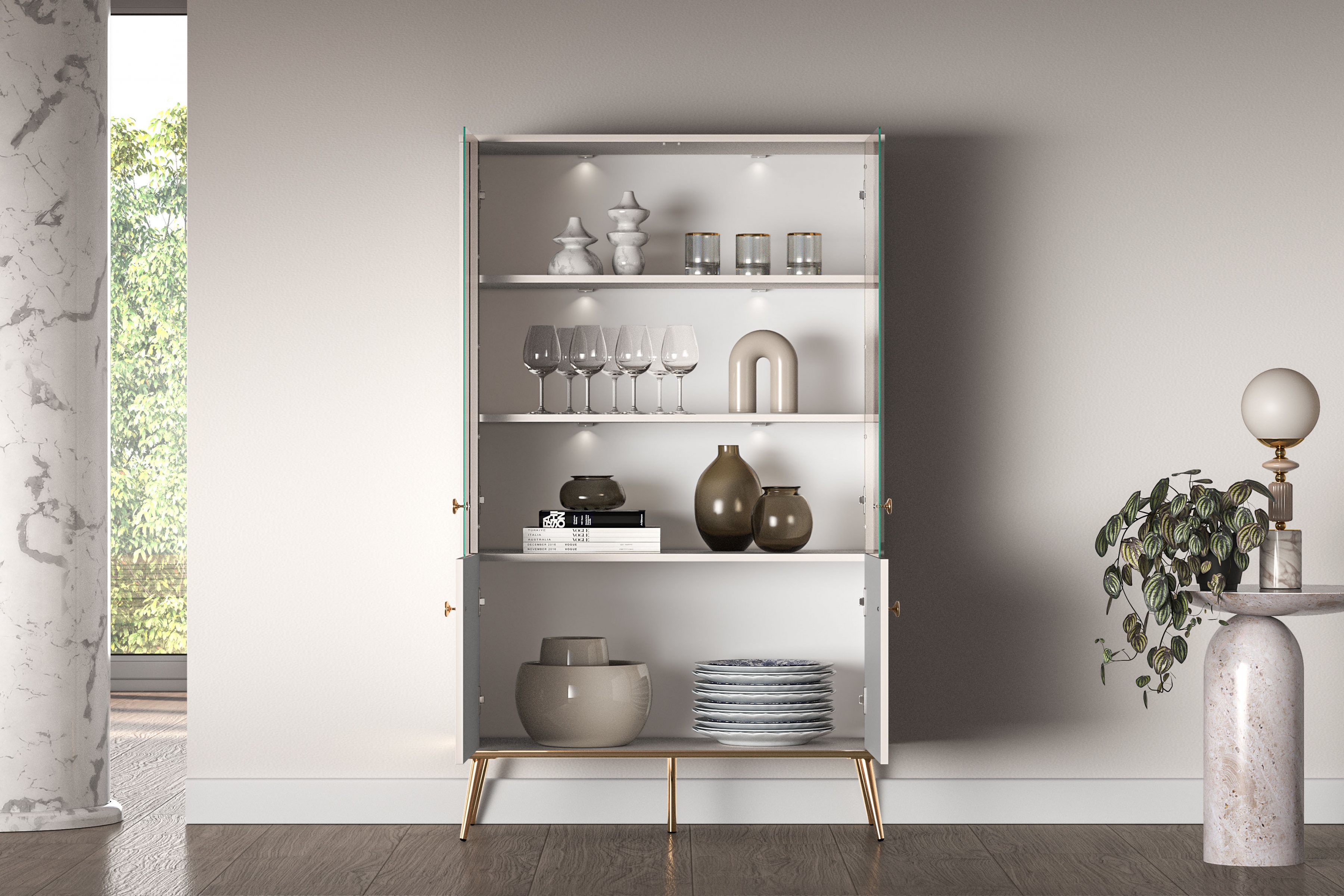 Vitrína Narelli 02 92 cm - kašmír / zlaté nožičky Vitrína Nerelli 02 - 92 cm - kašmír / zlote nožičky