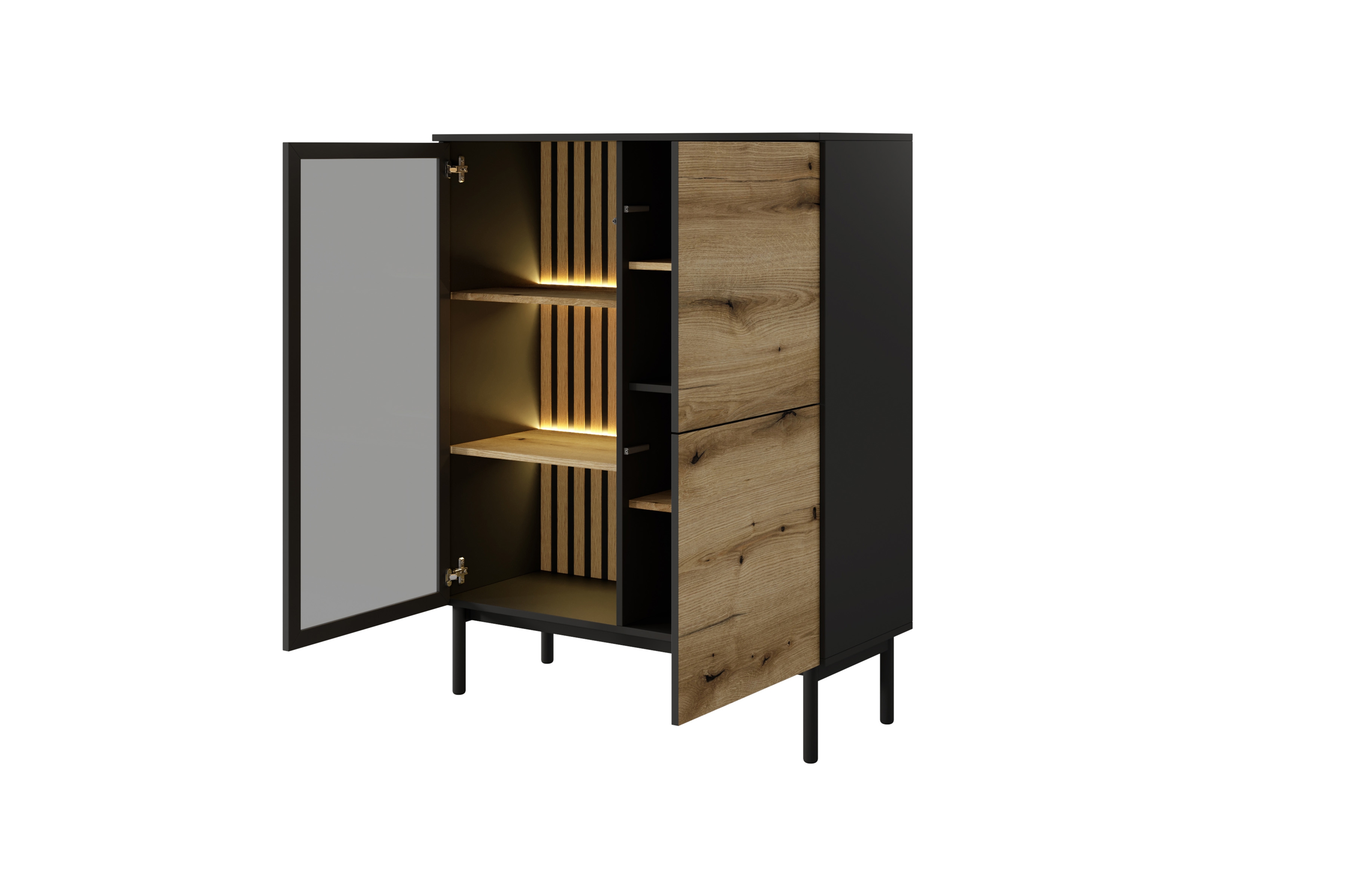 Nízká vitrína Noro 100 cm s LED osvětlením - dub evoke / černá Vitrína nízká Noro 100 cm s osvětlením LED - dub evoke / černá