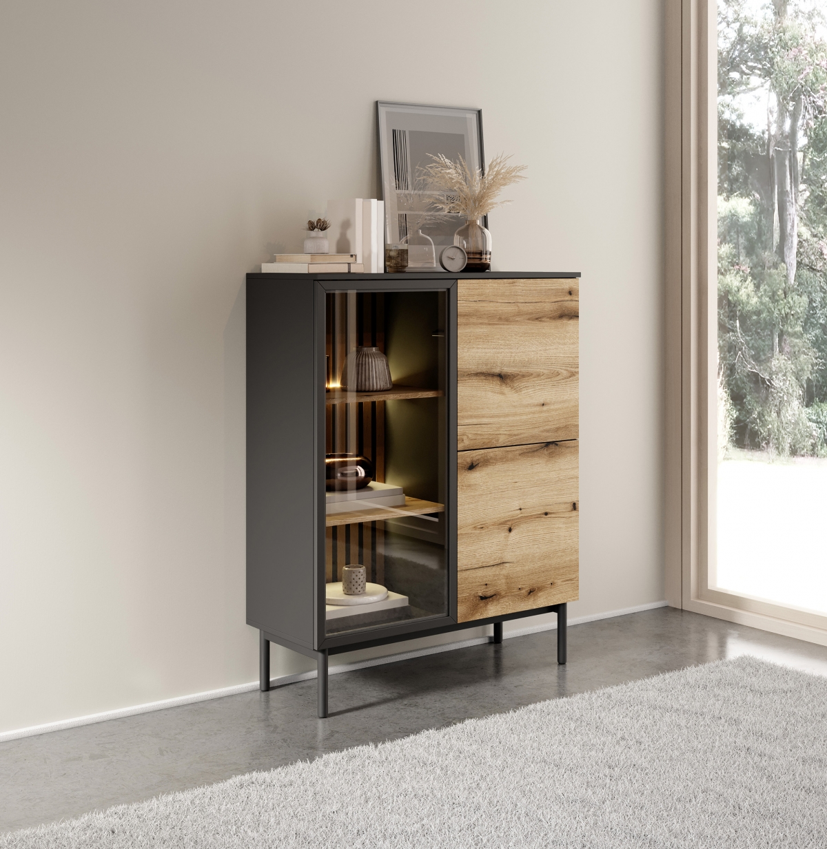 Nízká vitrína Noro 100 cm s LED osvětlením - dub evoke / černá Vitrína nízká Noro 100 cm s osvětlením LED - dub evoke / černá