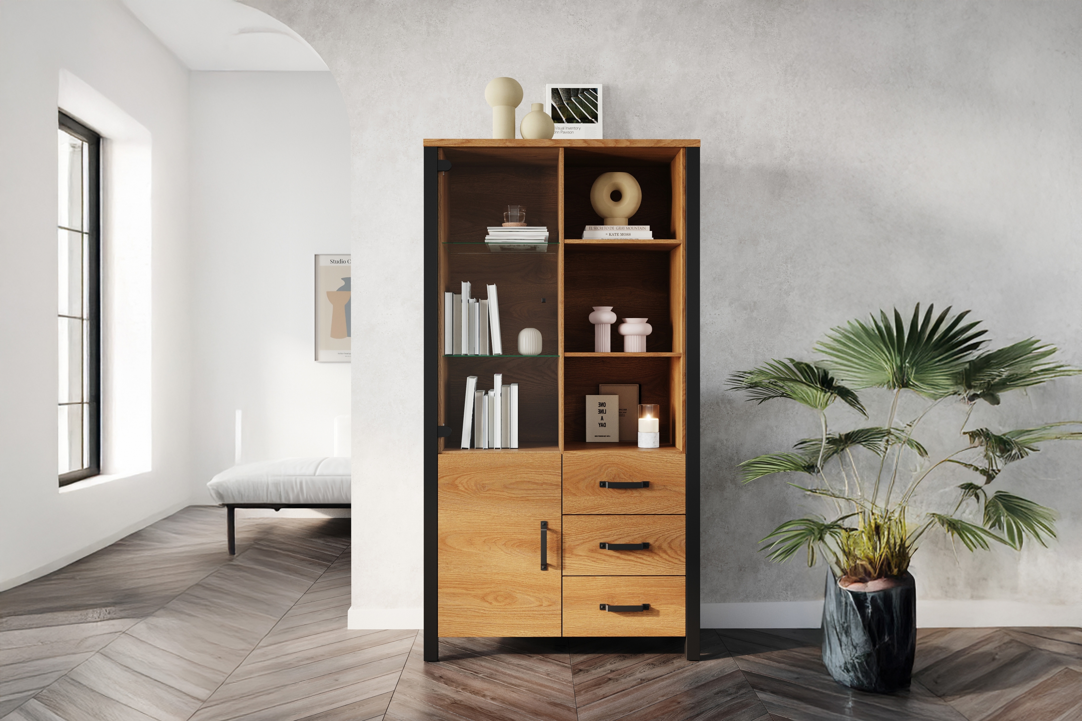 Vitrína Olin 13 101 cm so zásuvkami - Dub karmel / Čierny supermat - ponuka Limitowana Vitrína Olin 13 101 cm so zásuvkami - Dub karmel / Čierny supermat