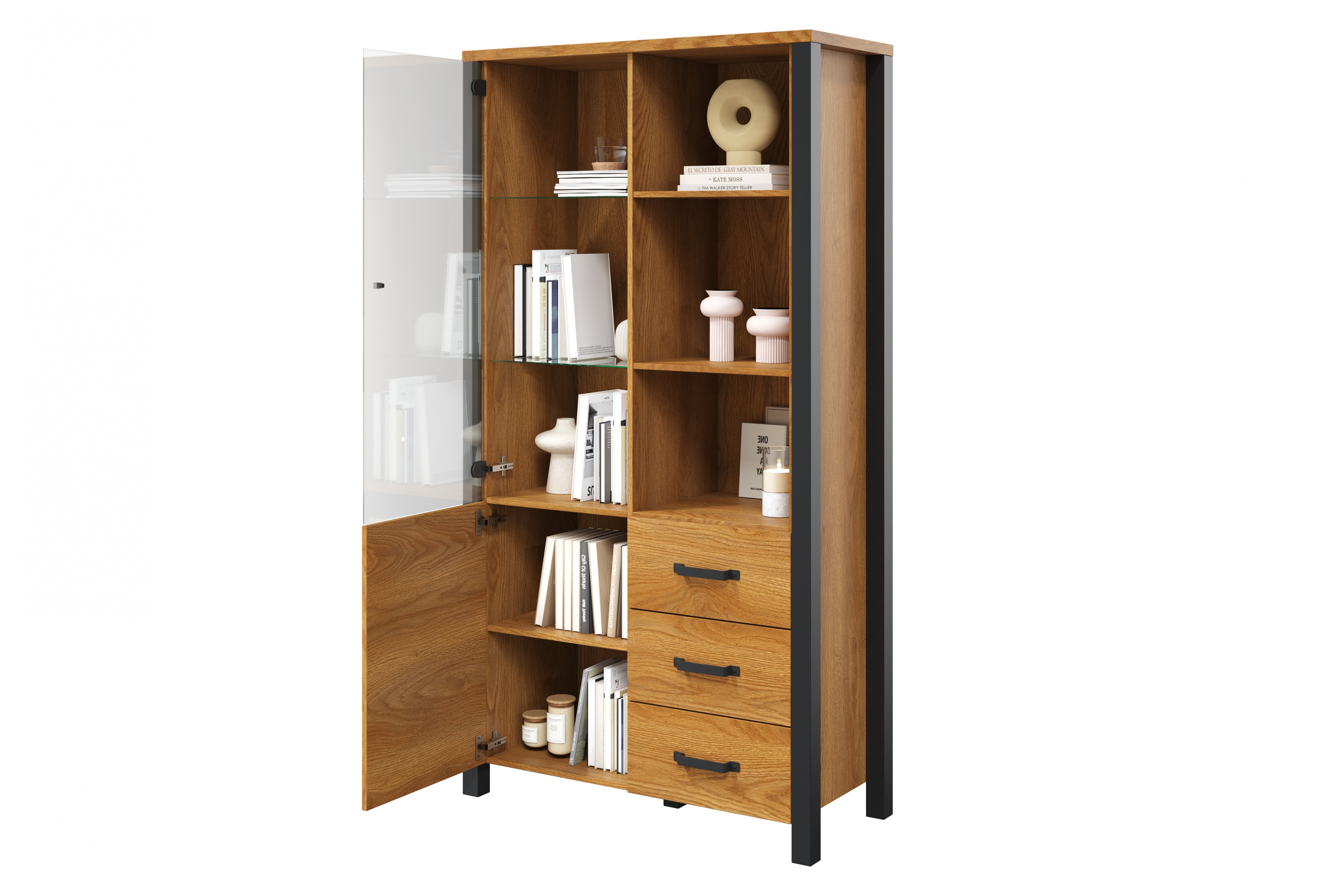 Vitrína Olin 13 101 cm so zásuvkami - Dub karmel / Čierny supermat - ponuka Limitowana Vitrína Olin 13 101 cm so zásuvkami - Dub karmel / Čierny supermat