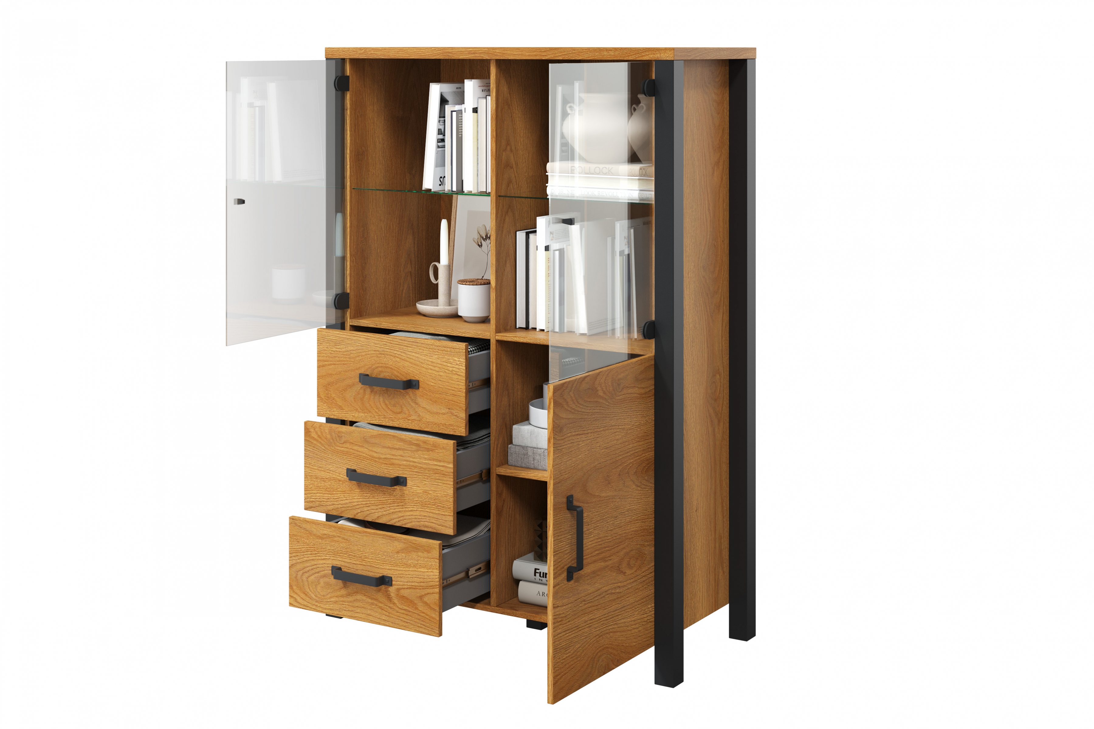 Vitrína Olin 44 101 cm so zásuvkami - Dub karmel / Čierny supermat - ponuka Limitowana Vitrína Olin 44 101 cm so zásuvkami - Dub karmel / Čierny supermat