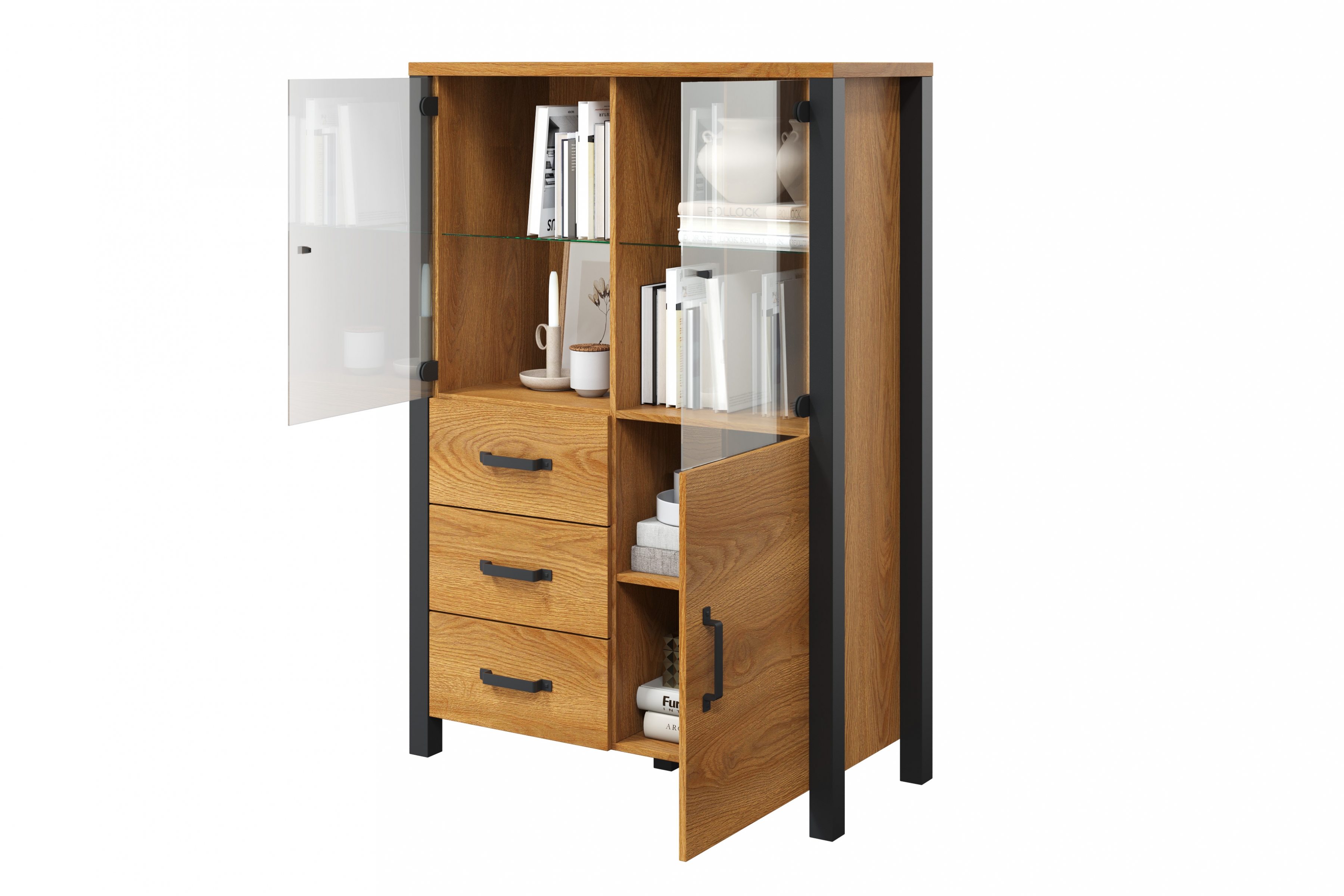 Vitrína Olin 44 101 cm so zásuvkami - Dub karmel / Čierny supermat - ponuka Limitowana Vitrína Olin 44 101 cm so zásuvkami - Dub karmel / Čierny supermat