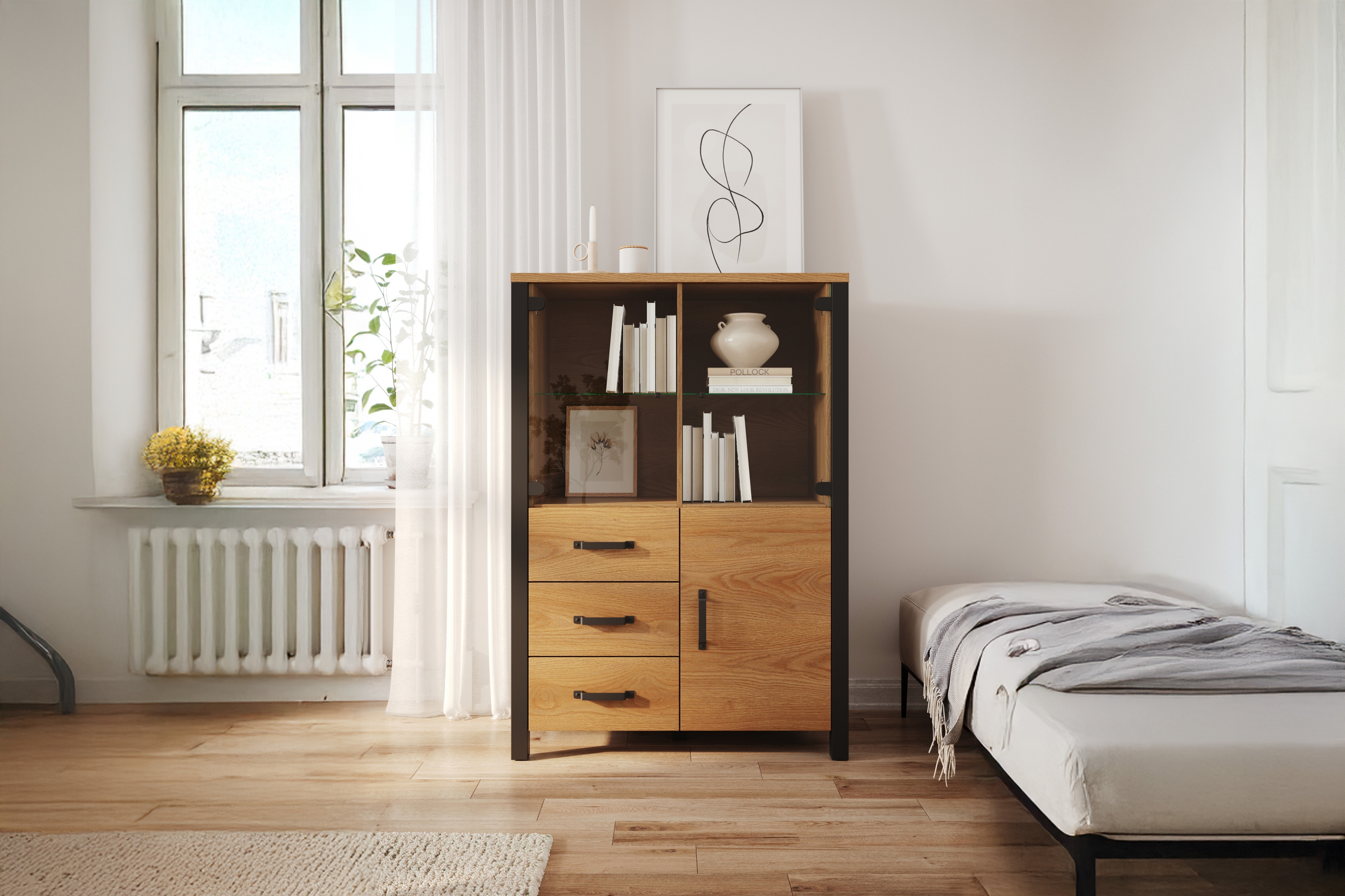 Vitrína Olin 44 101 cm so zásuvkami - Dub karmel / Čierny supermat - ponuka Limitowana Vitrína Olin 44 101 cm so zásuvkami - Dub karmel / Čierny supermat