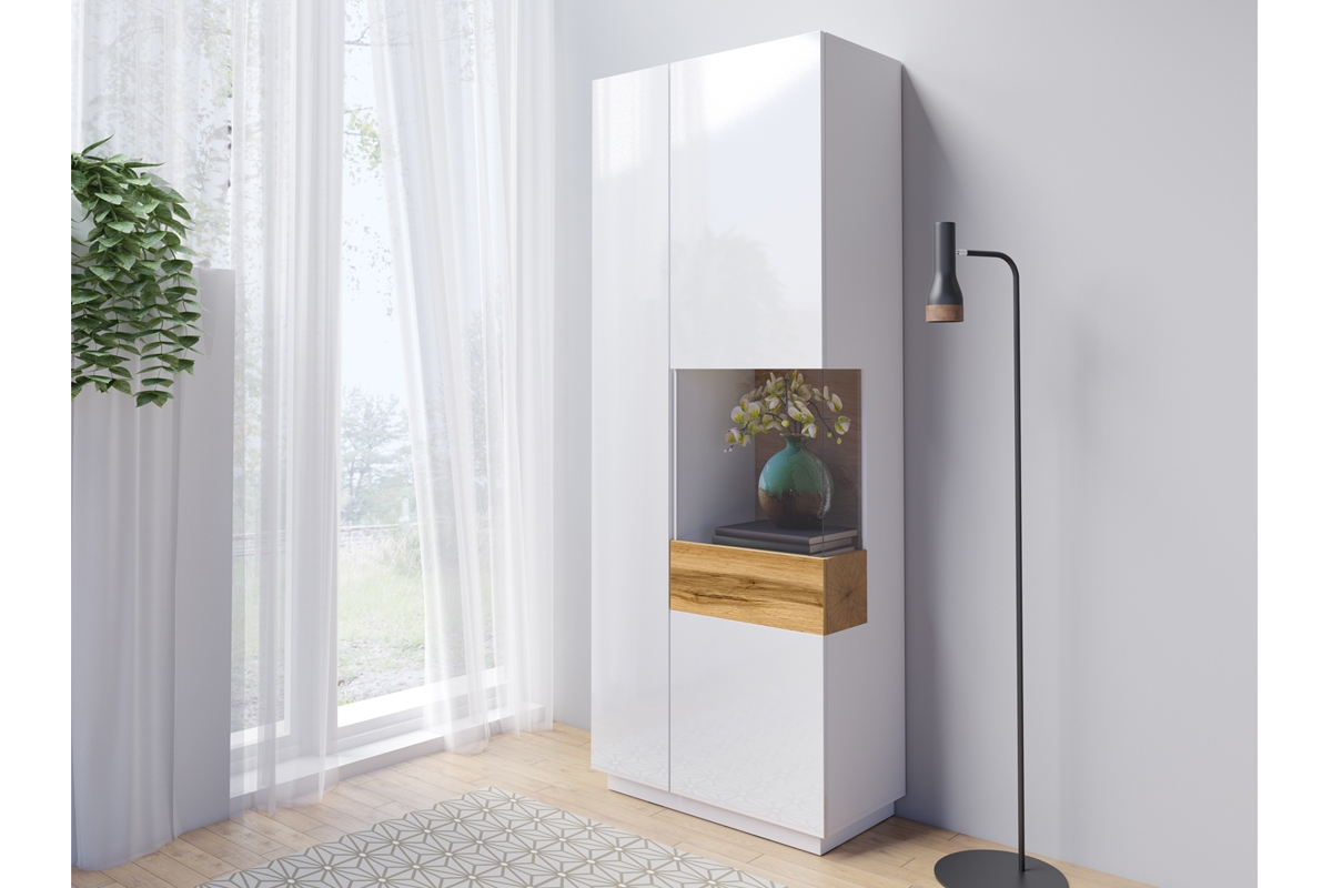 Vitrína dvojdverová Pravá Silke 13 - biely lesk / Dub wotan Vitrína w lesku 