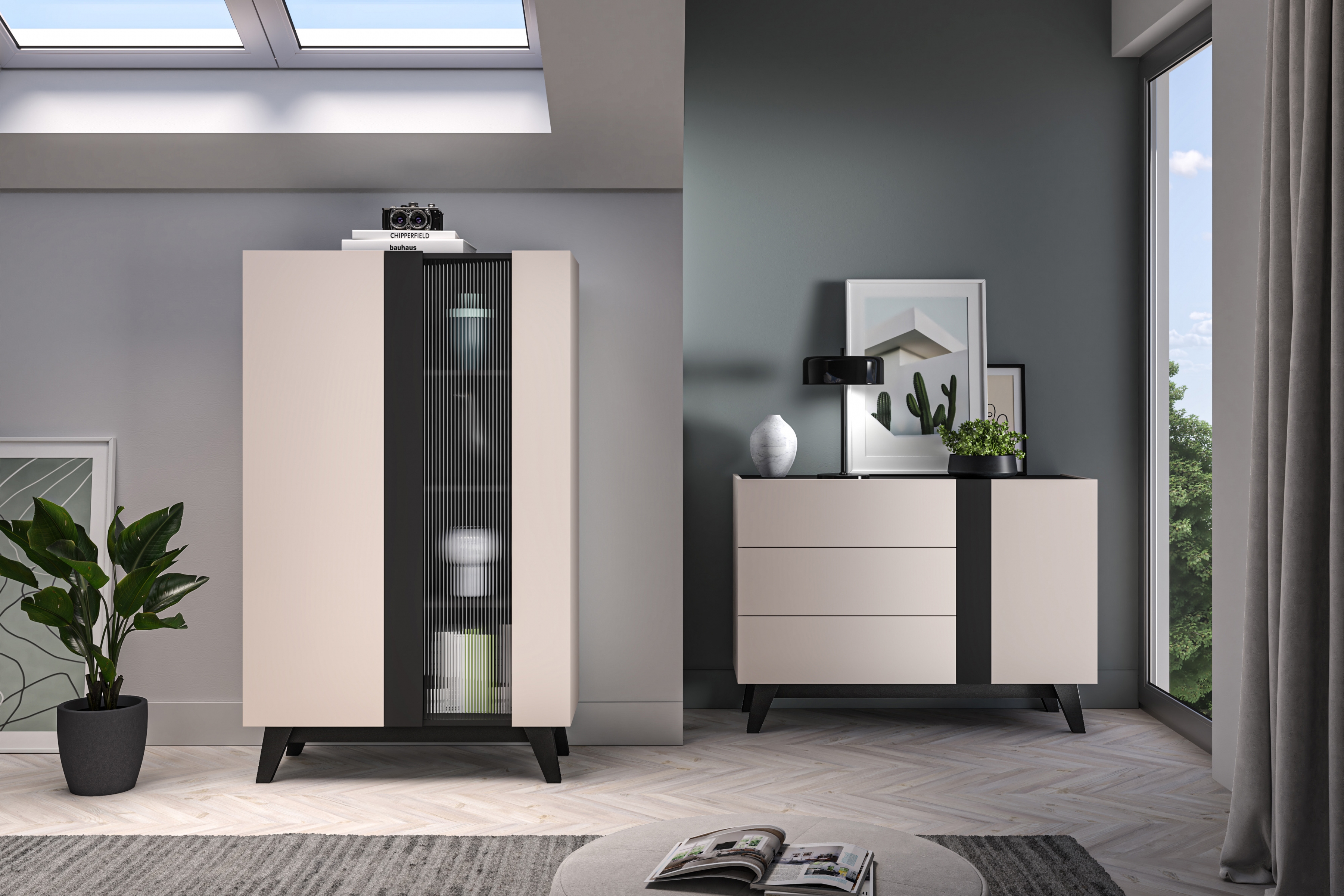 Vitrína Salio 95 cm - kašmírová / čierna Vitrína Salio 95 cm - kašmír / Čierny