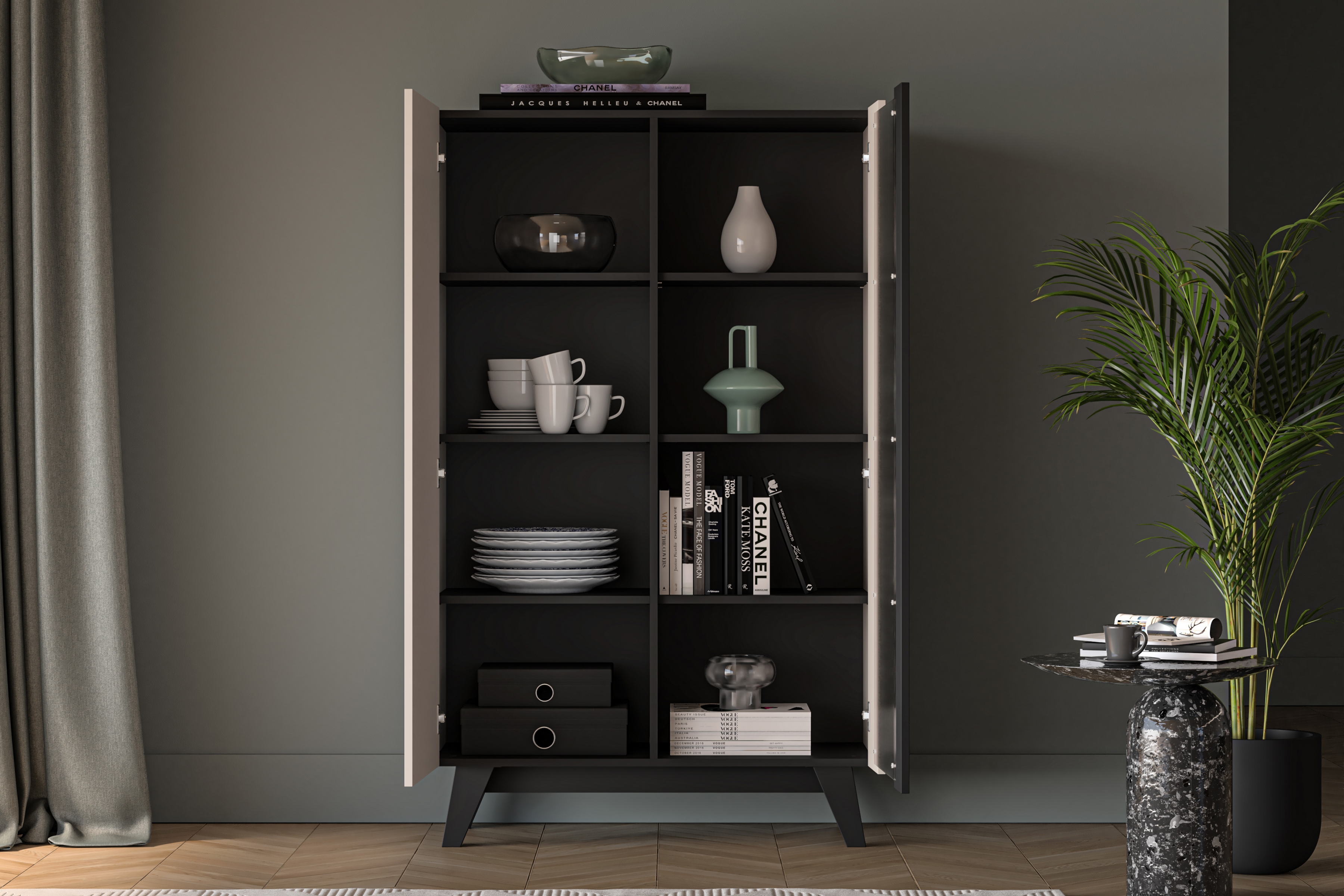 Vitrína Salio 95 cm - kašmírová / čierna Vitrína Salio 95 cm - kašmír / Čierny