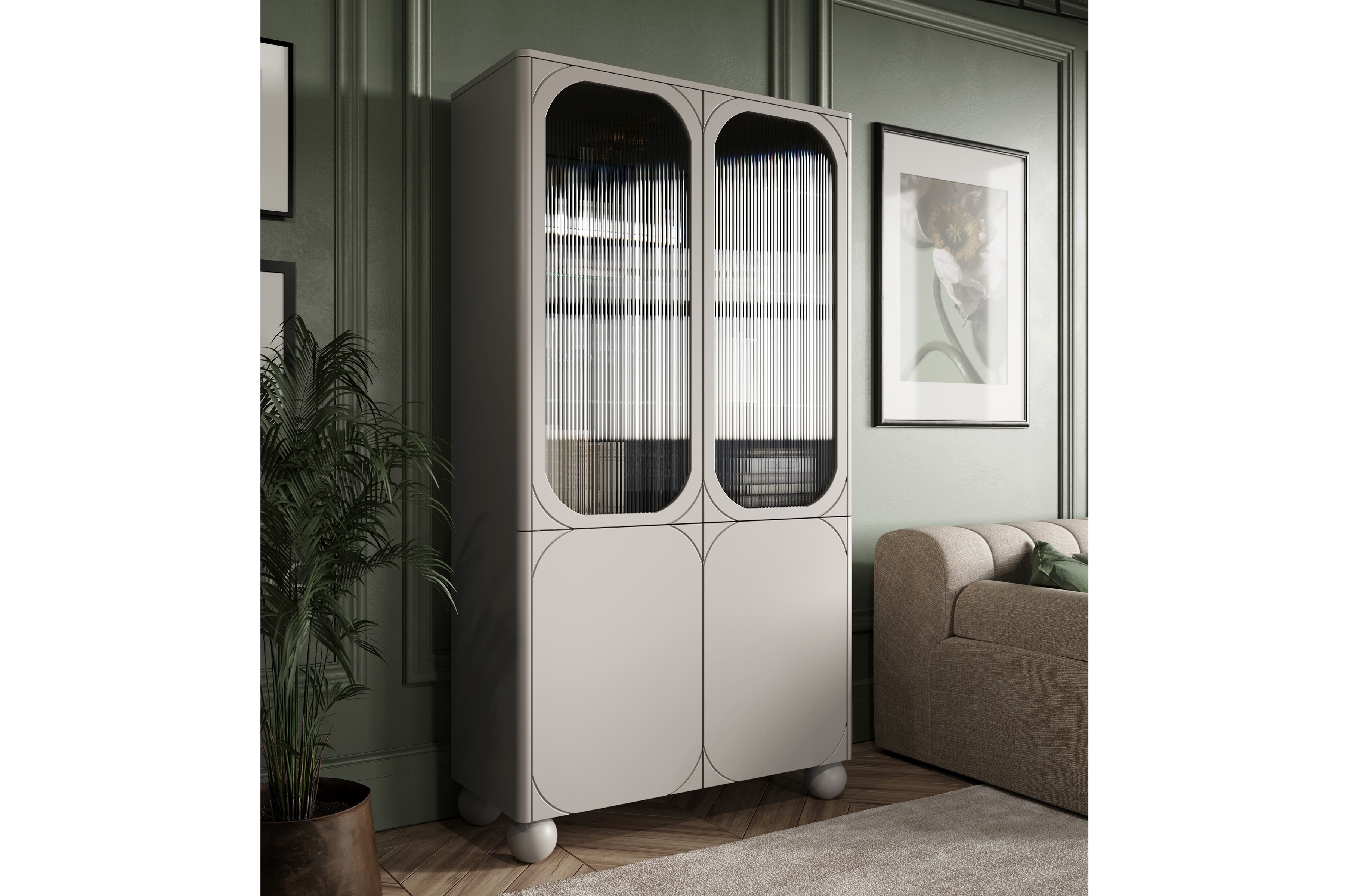 Vitrína Sonatia II 100 cm na kulovitých nožkách - kašmírová Vitrína Sonatia II pro obývacího pokoje 100 cm - kašmír