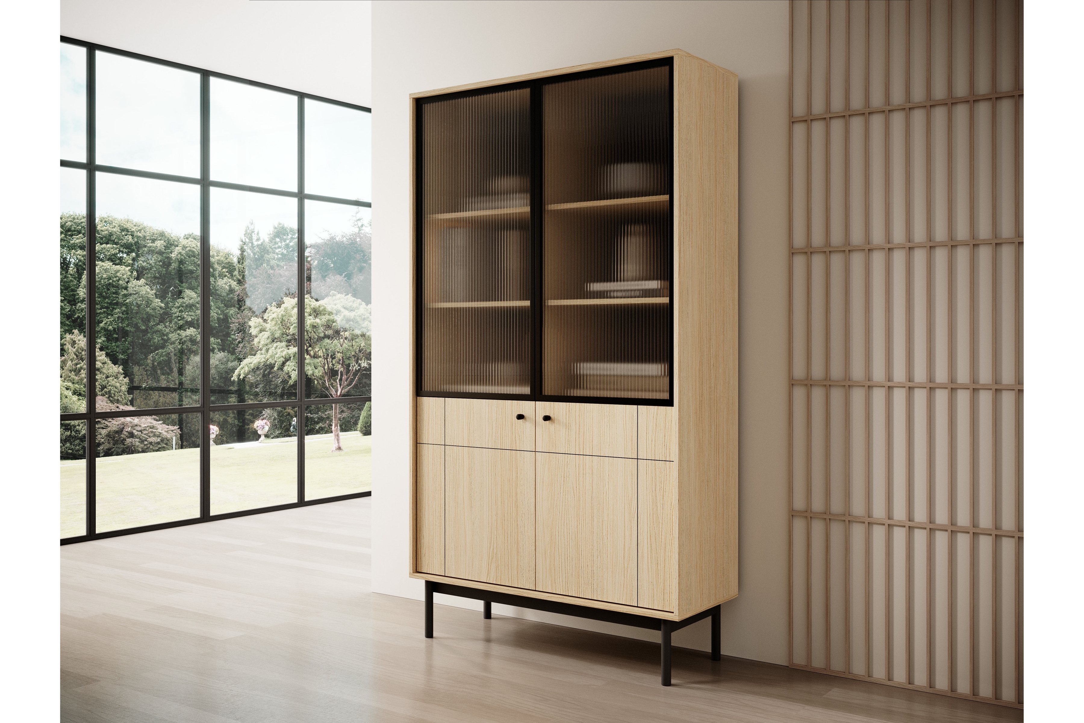 Vitrína Jolinio 104 cm - dub linea / černé nohy Vitrína stojaca Jolinio 104 cm - dub linea / černá Nohy