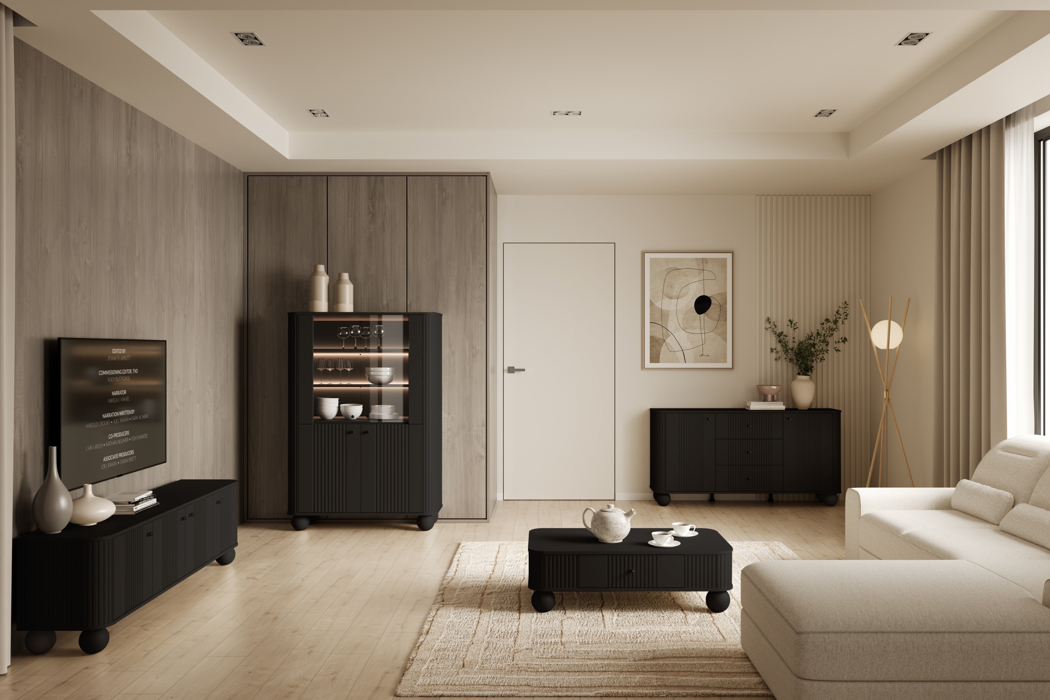 Vitrína Vesper 103 cm - černá / černé úchyty / kulaté nohy Vitrína Vesper pro obývacího pokoje - černá / černá Úchytky / Nohy kule