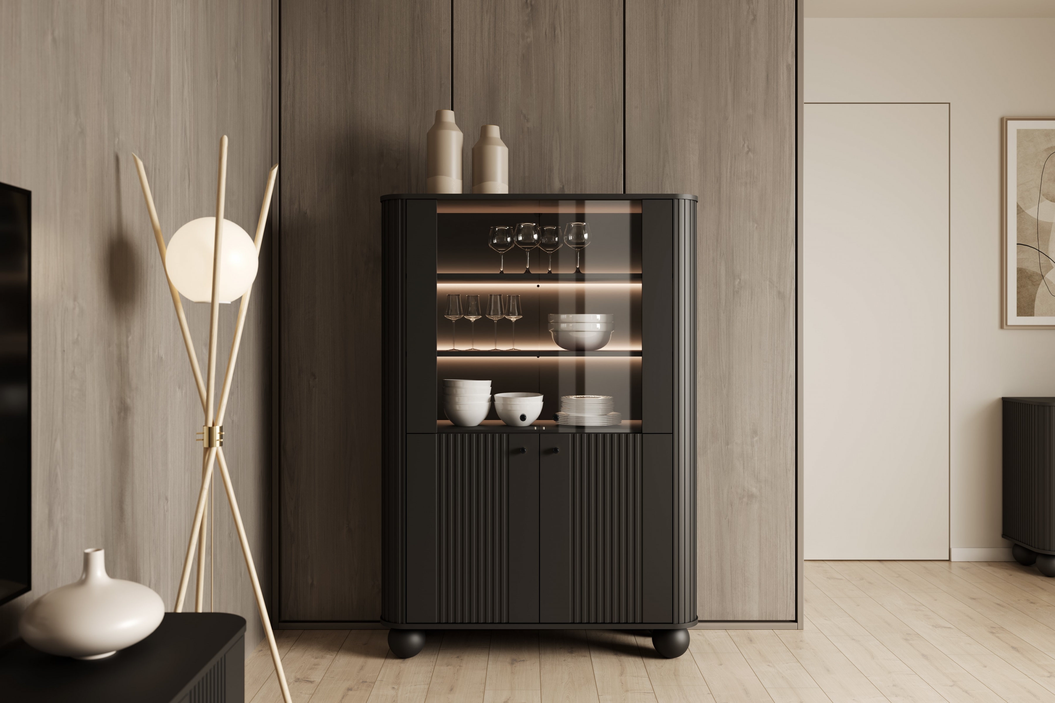 Vitrína Vesper 103 cm - černá / černé úchyty / kulaté nohy Vitrína Vesper pro obývacího pokoje - černá / černá Úchytky / Nohy kule