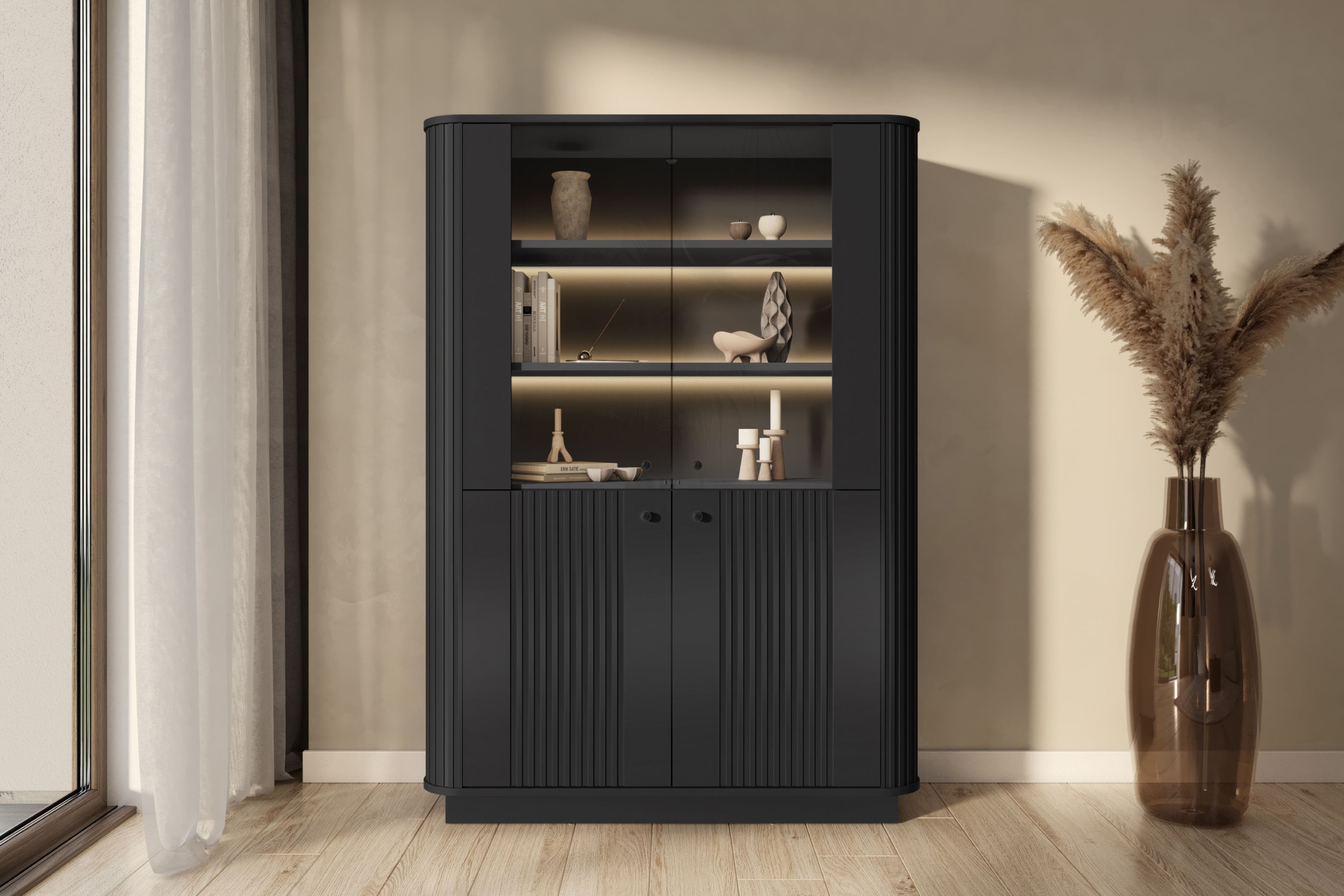 Vitrína Vesper 103 cm - černá / černé úchytky Vitrína Vesper pro obývacího pokoje - černá / černá Úchytky