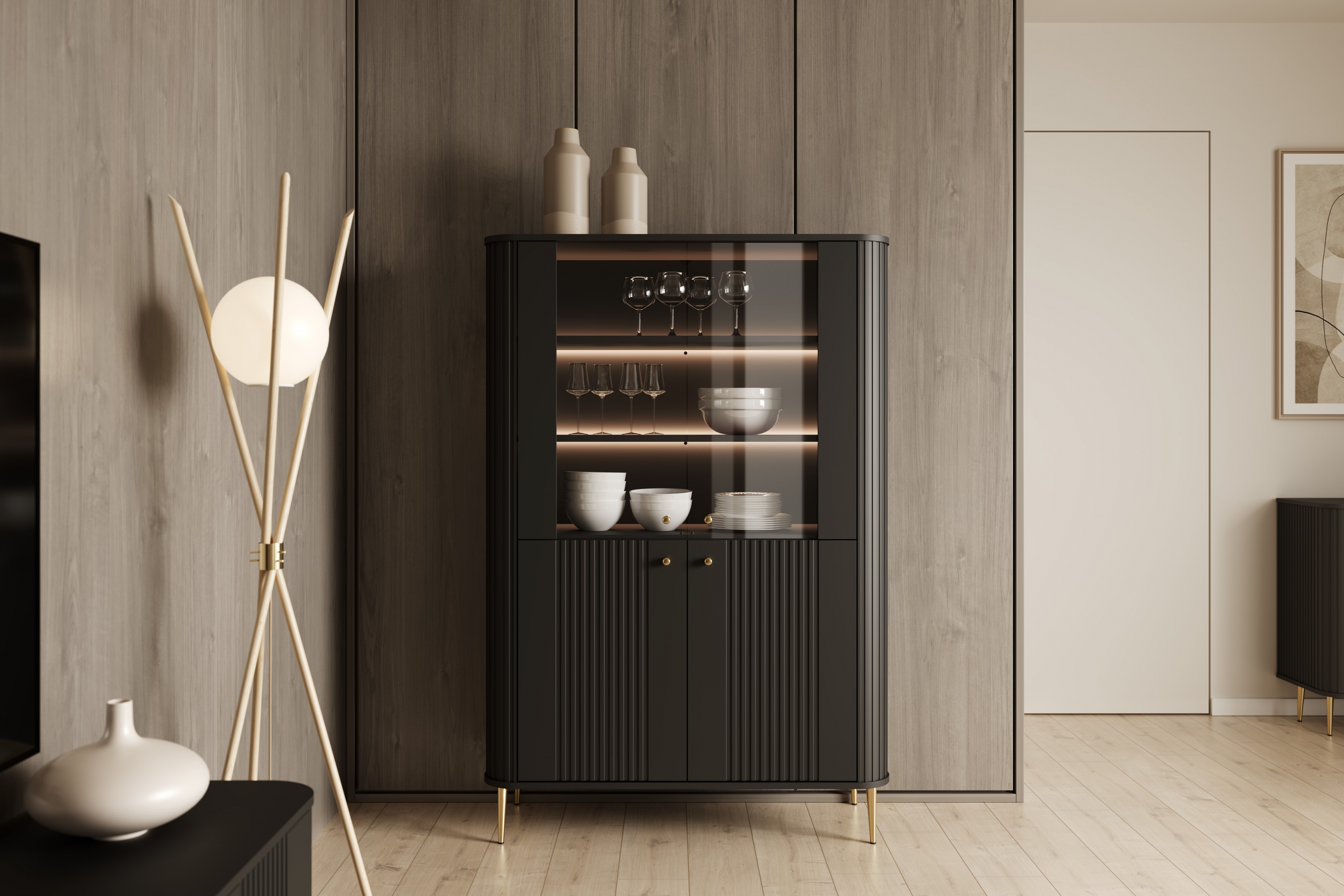 Vitrína Vesper 103 cm - černá / zlaté nohy Vitrína Vesper pro obývacího pokoje - černá / zlote Nohy