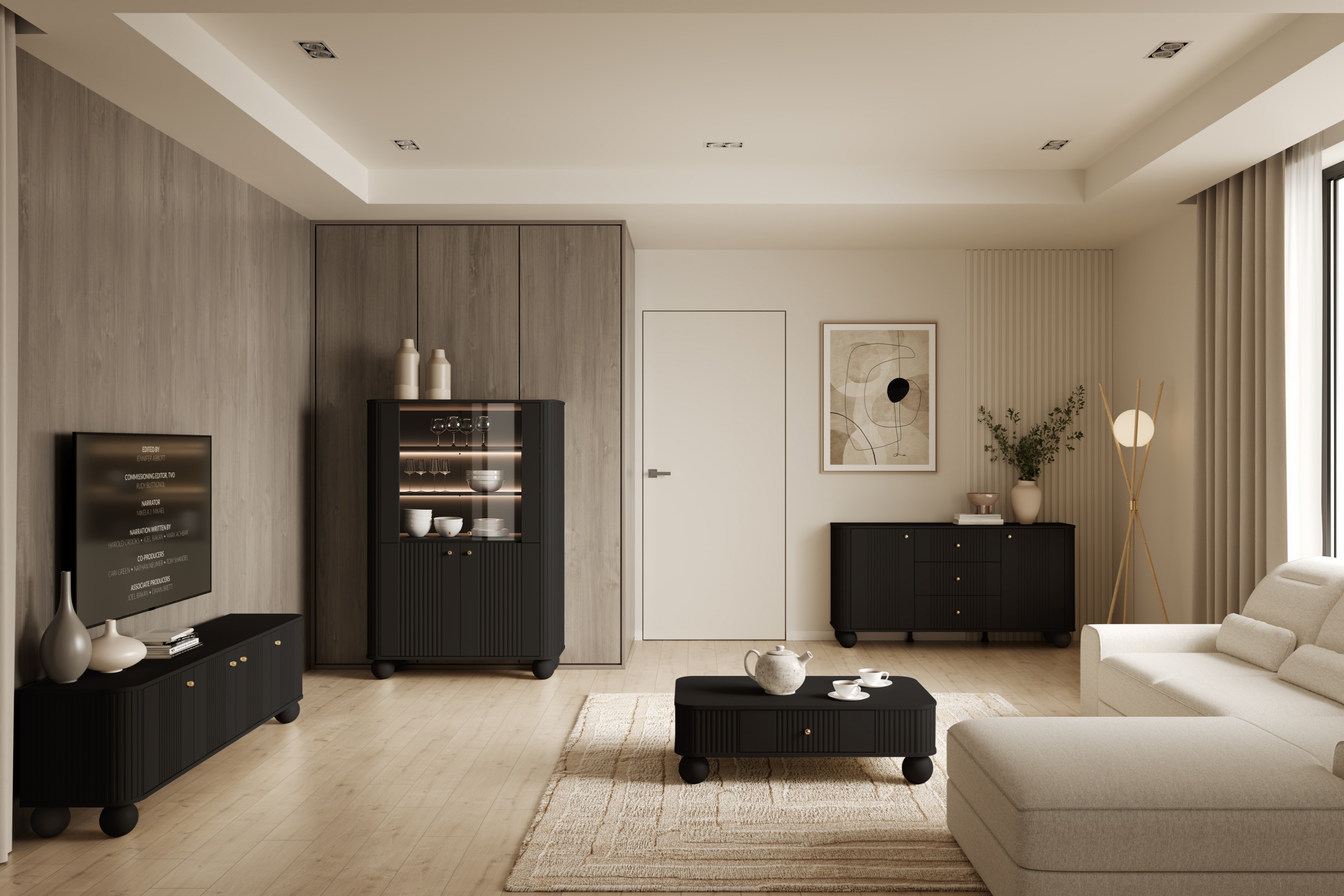 Vitrína Vesper 103 cm - černá / zlaté úchyty / kulaté nohy Vitrína Vesper pro obývacího pokoje - černá / zlote Úchytky / Nohy kule