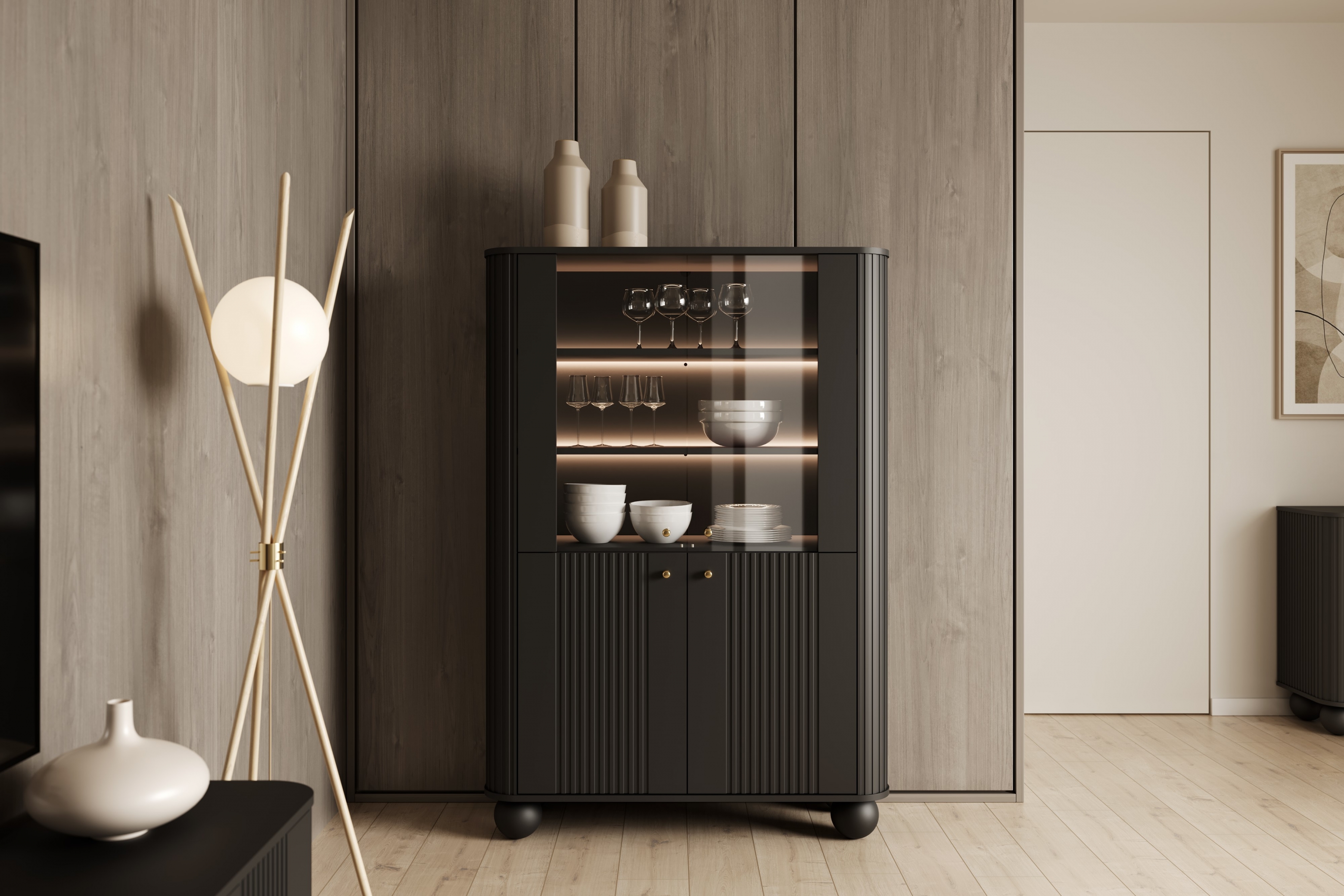 Vitrína Vesper 103 cm - černá / zlaté úchyty / kulaté nohy Vitrína Vesper pro obývacího pokoje - černá / zlote Úchytky / Nohy kule