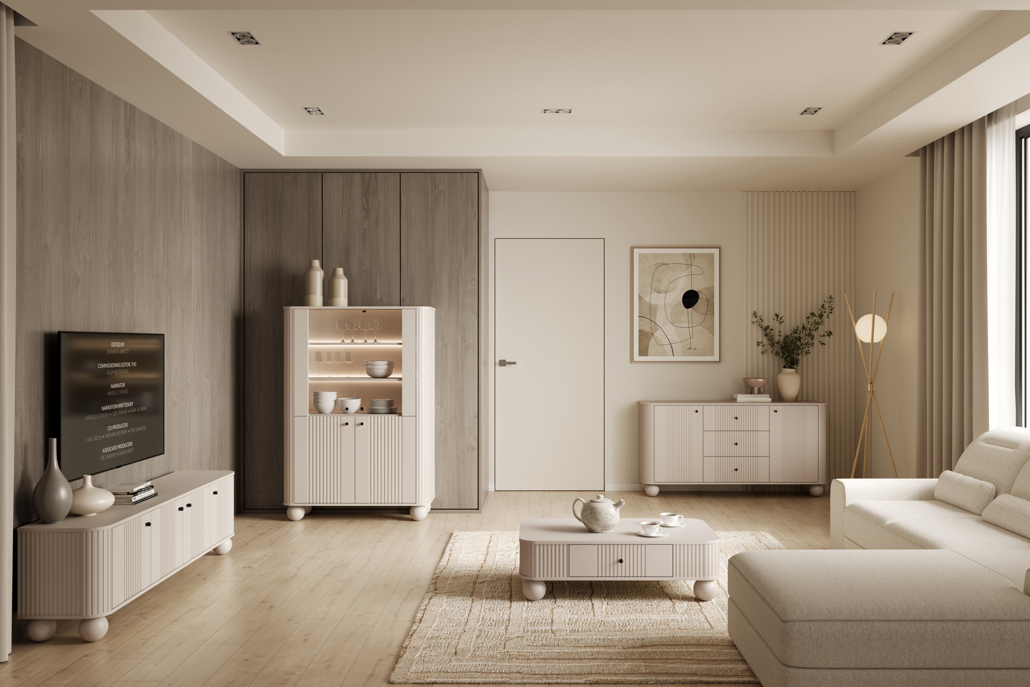 Vitrína Vesper 103 cm - kašmír / černé úchyty / kulaté nohy Vitrína Vesper pro obývacího pokoje - kašmír / černá Úchytky / Nohy kule