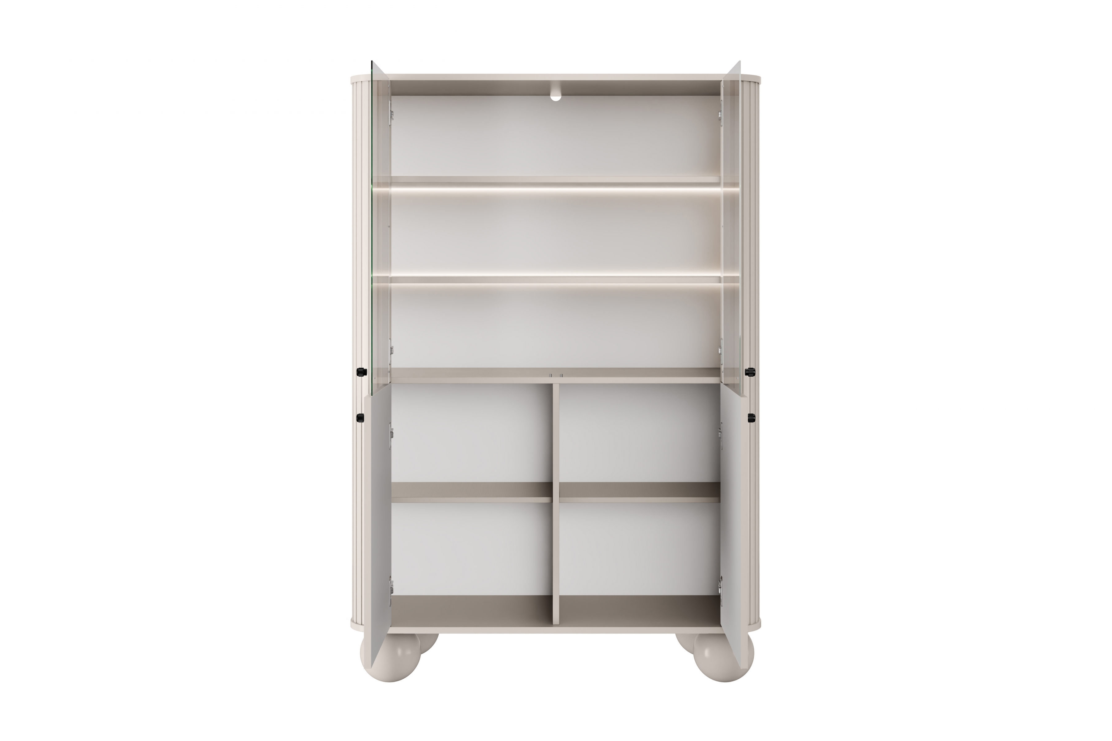 Vitrína Vesper 103 cm - kašmír / černé úchyty / kulaté nohy Vitrína Vesper pro obývacího pokoje - kašmír / černá Úchytky / Nohy kule