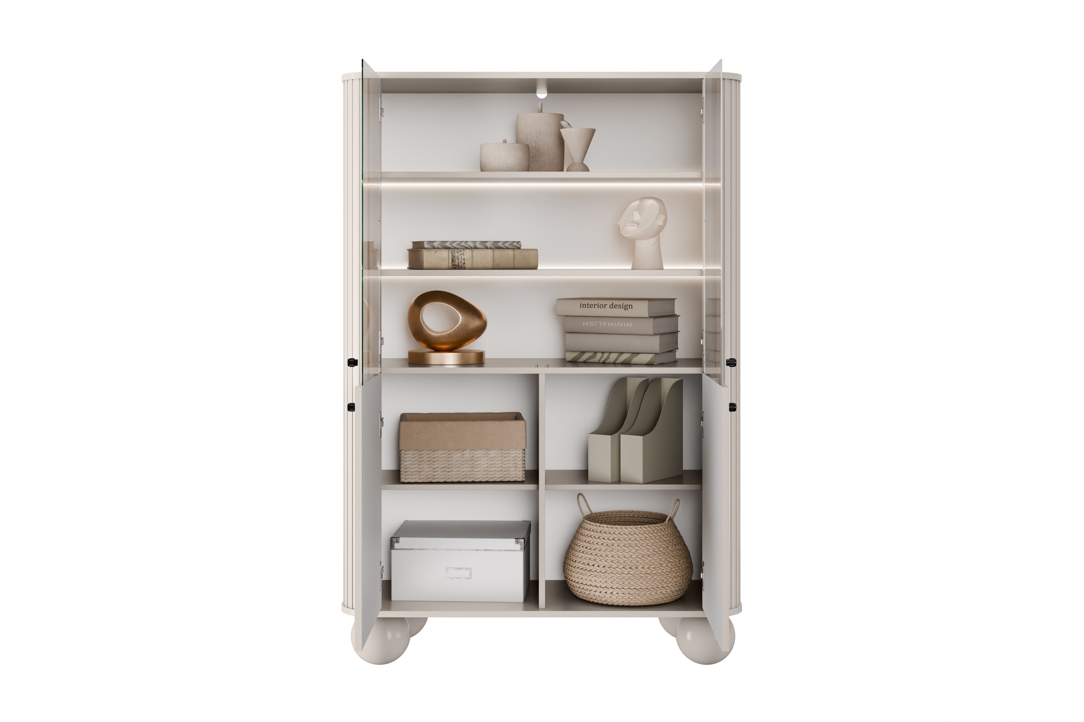 Vitrína Vesper 103 cm - kašmír / černé úchyty / kulaté nohy Vitrína Vesper pro obývacího pokoje - kašmír / černá Úchytky / Nohy kule