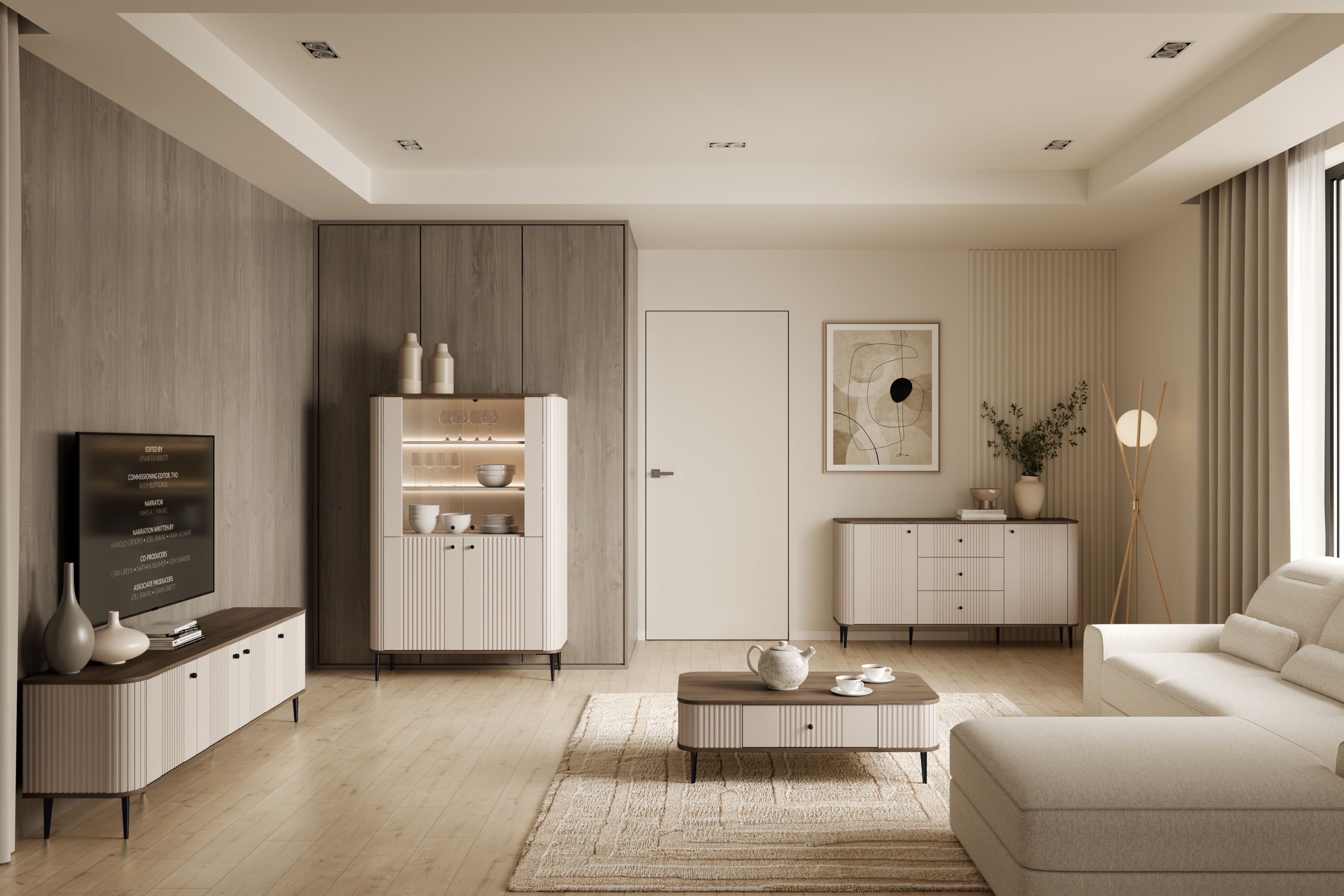 Vitrína Vesper 103 cm - kašmír / ořech / černé nohy Vitrína Vesper pro obývacího pokoje - kašmír / ořech / černé nožičky