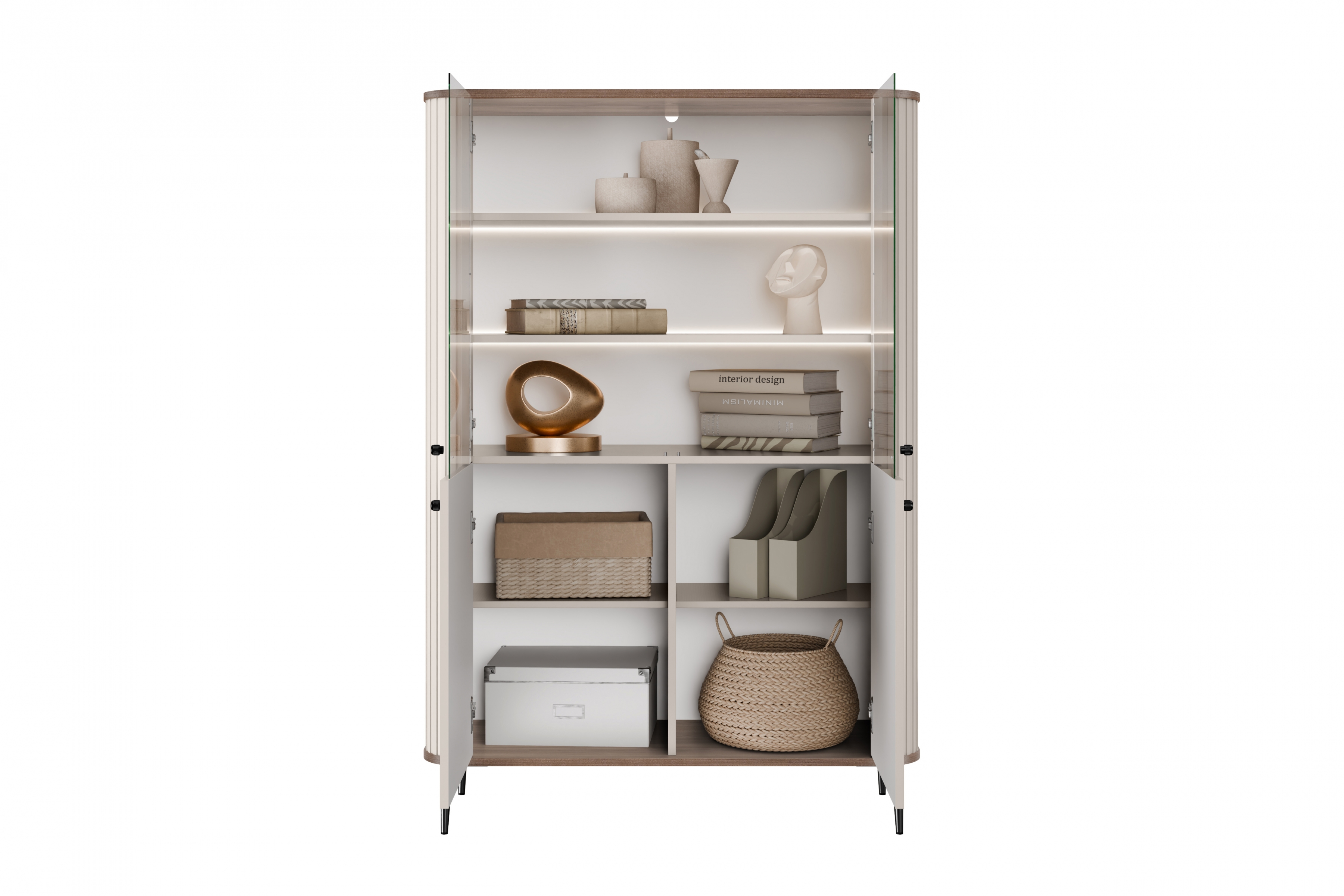 Vitrína Vesper 103 cm - kašmír / ořech / černé nohy Vitrína Vesper pro obývacího pokoje - kašmír / ořech / černé nožičky