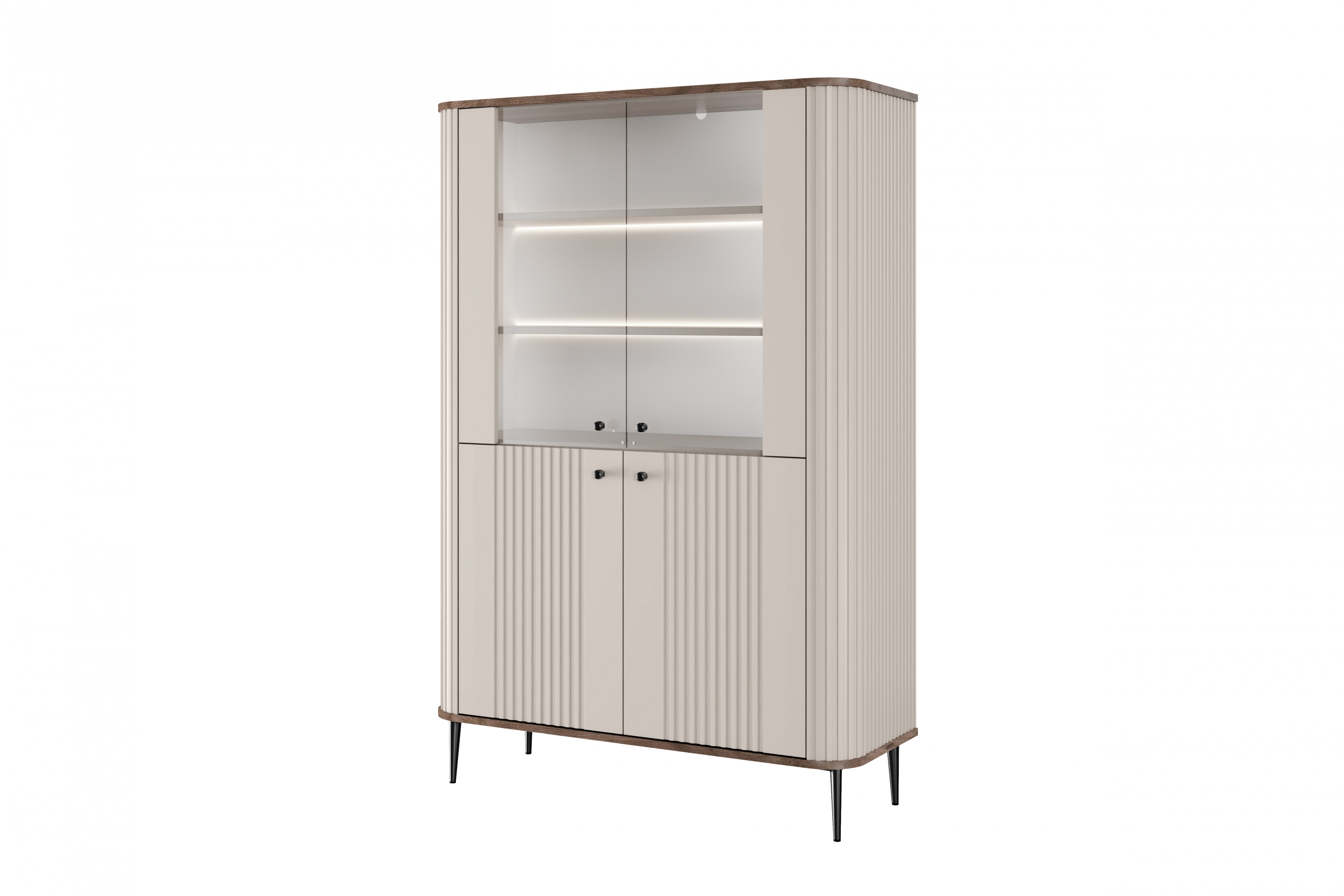 Vitrína Vesper 103 cm - kašmír / ořech / černé nohy Vitrína Vesper pro obývacího pokoje - kašmír / ořech / černé nožičky