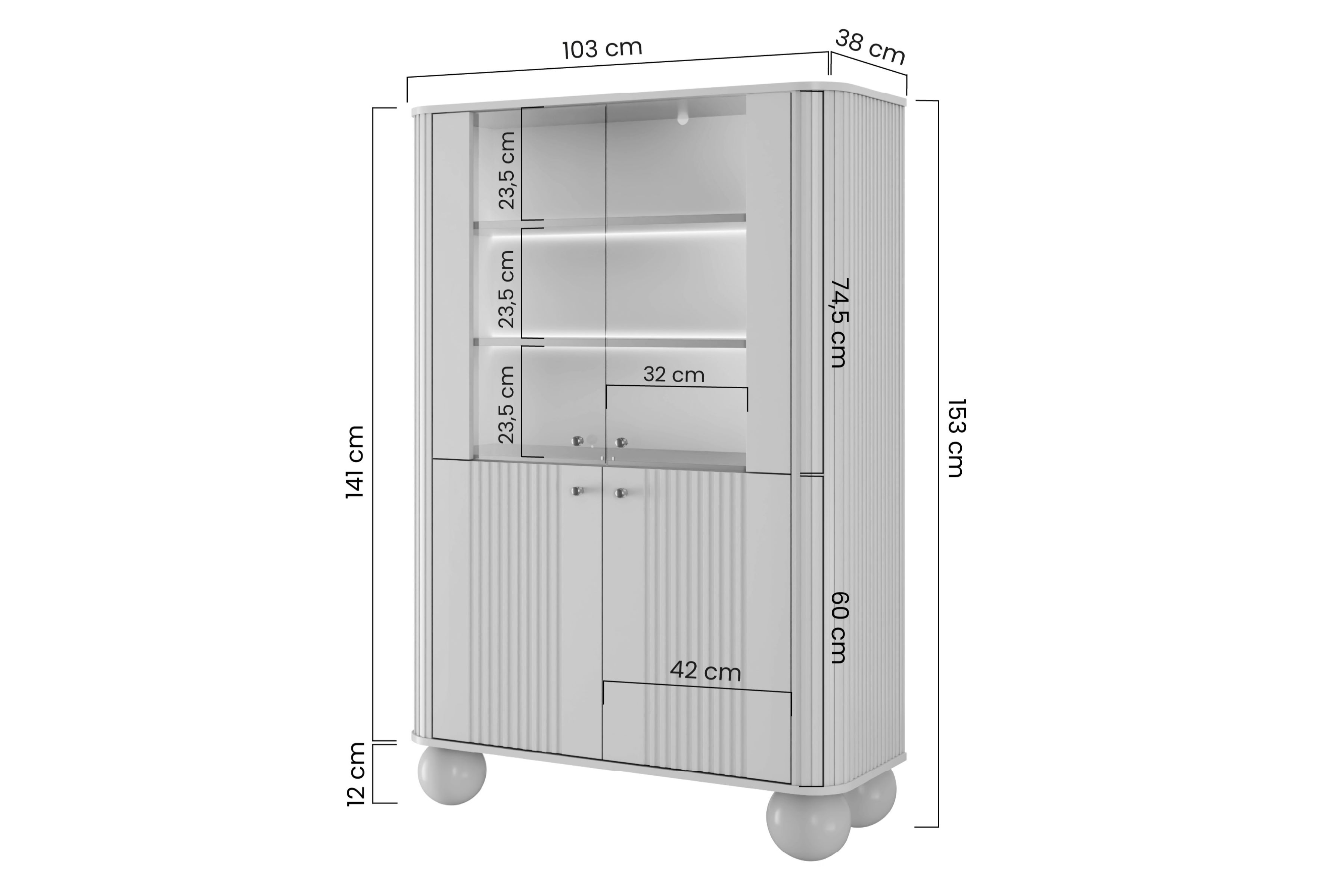Vitrína Vesper 103 cm - kašmír / ořech / černé úchyty / kulaté nohy Vitrína Vesper pro obývacího pokoje - kašmír / ořech / černá Úchytky / Nohy kule