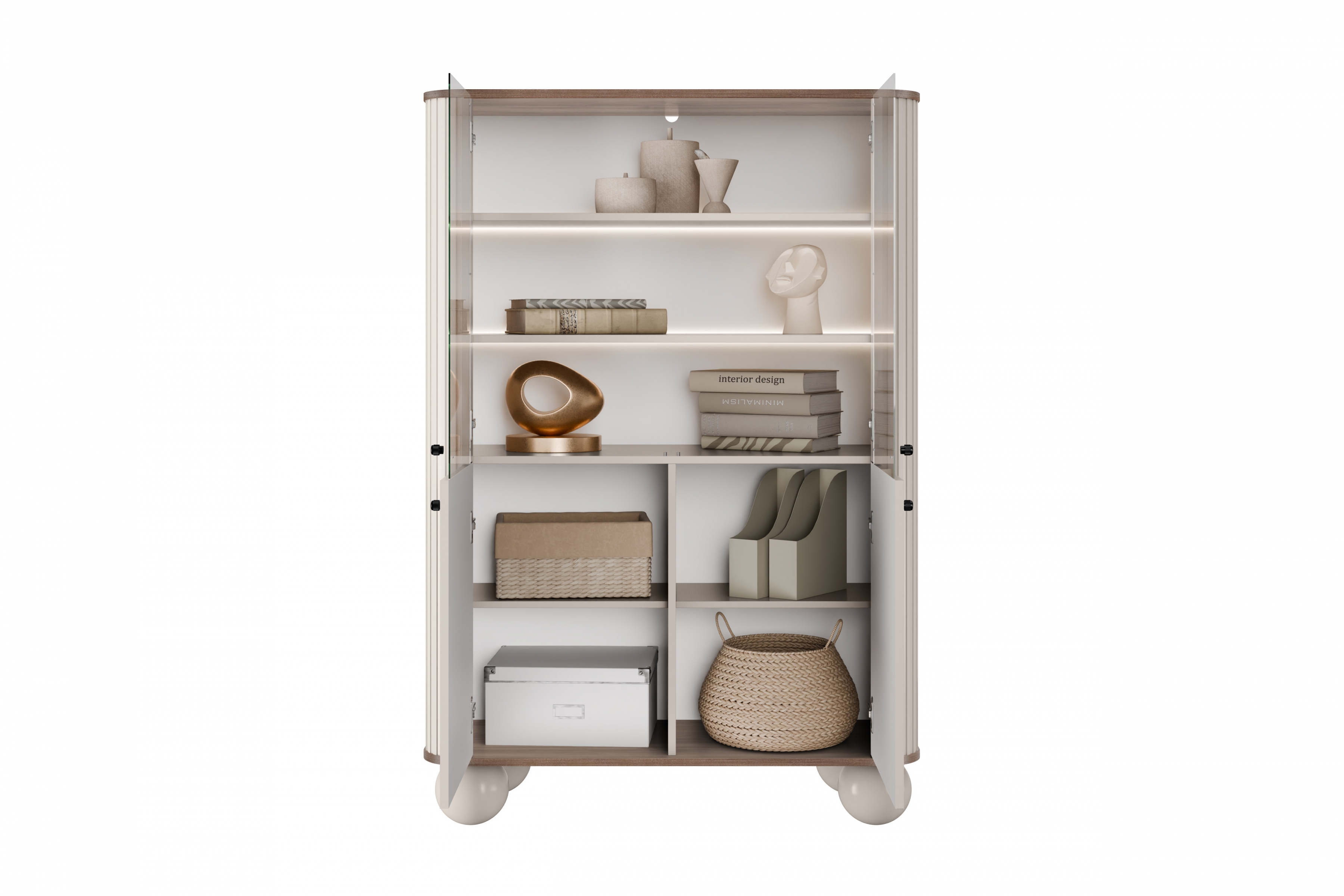 Vitrína Vesper 103 cm - kašmír / ořech / černé úchyty / kulaté nohy Vitrína Vesper pro obývacího pokoje - kašmír / ořech / černá Úchytky / Nohy kule