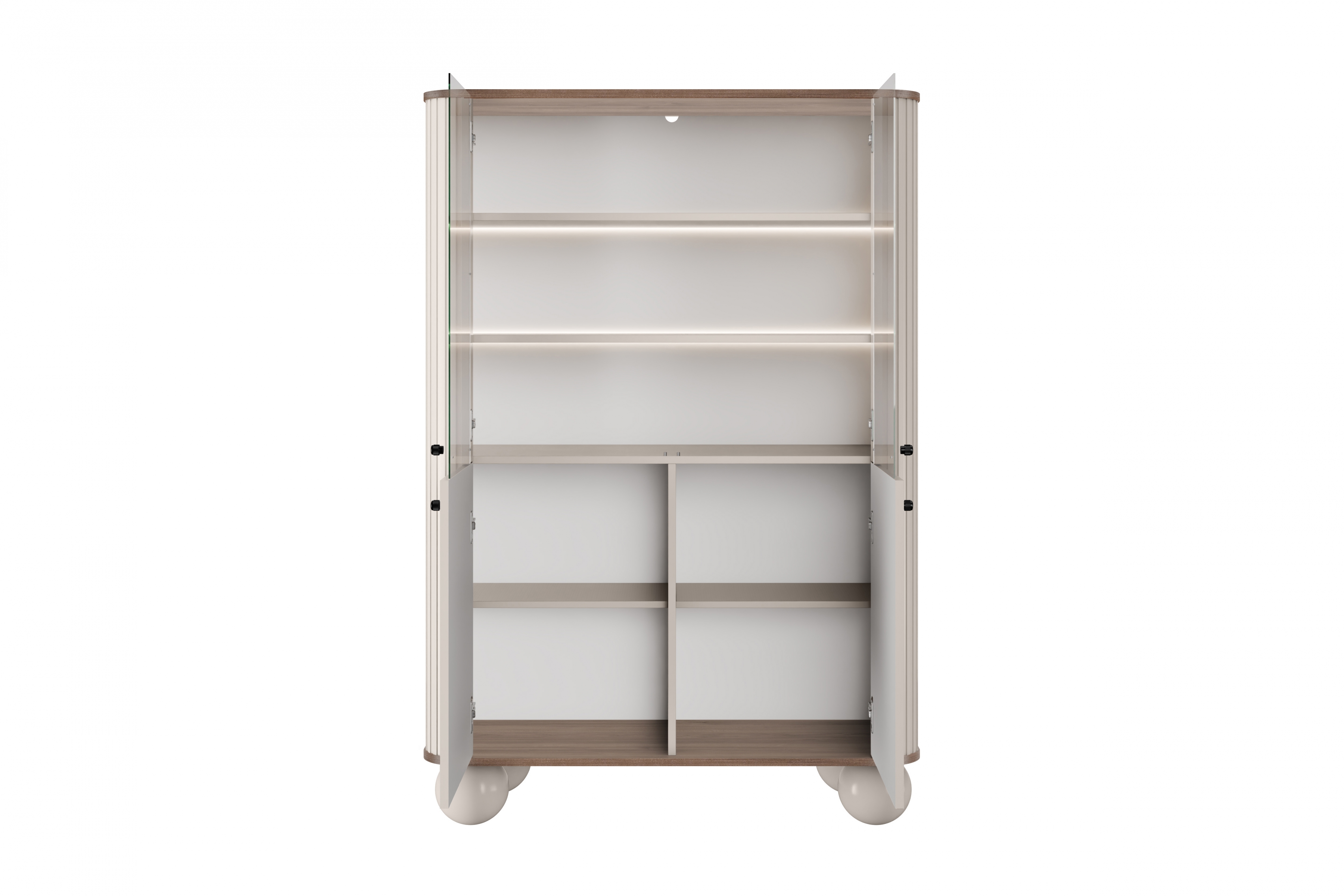 Vitrína Vesper 103 cm - kašmír / ořech / černé úchyty / kulaté nohy Vitrína Vesper pro obývacího pokoje - kašmír / ořech / černá Úchytky / Nohy kule