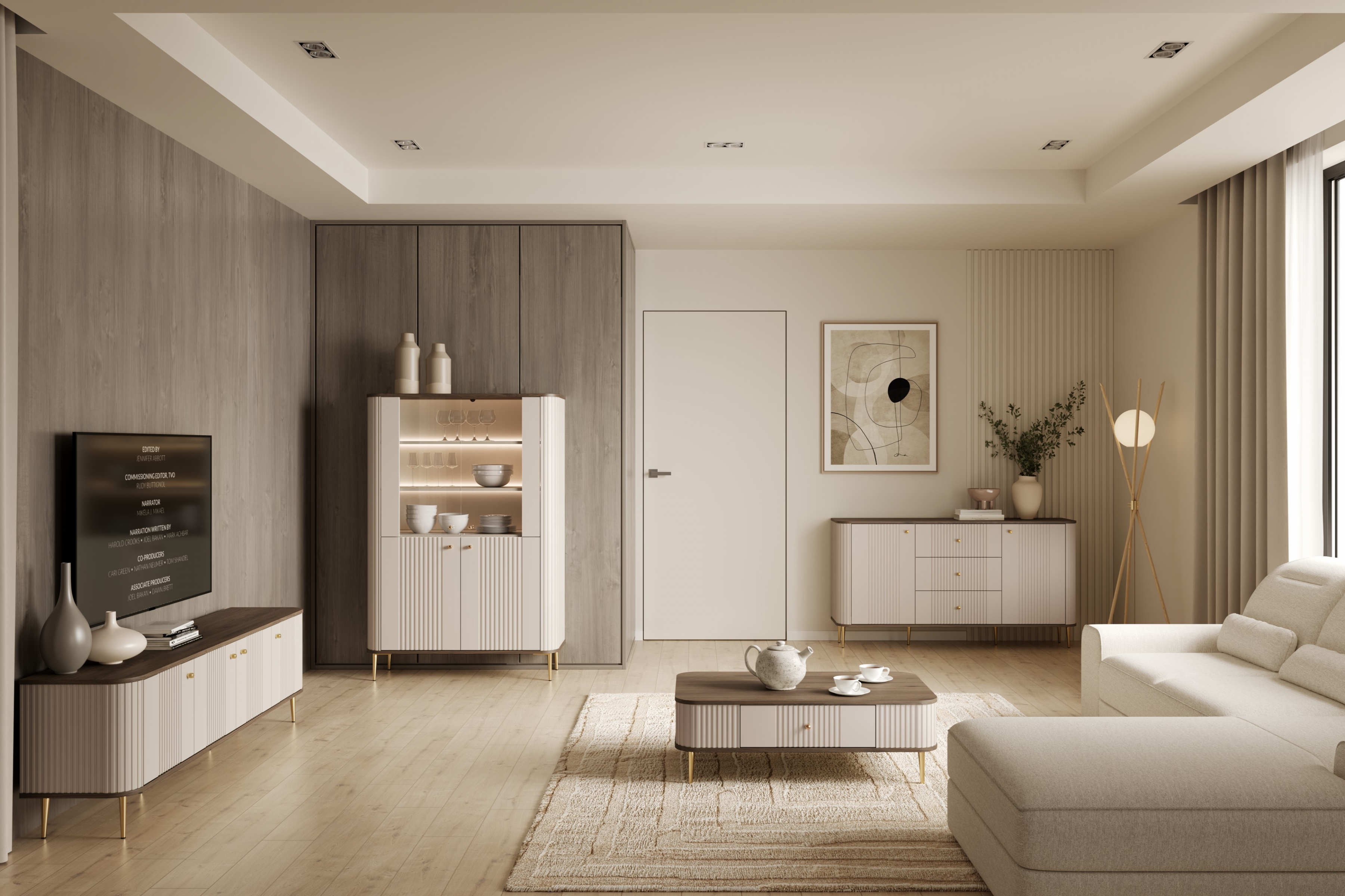 Vitrína Vesper 103 cm - kašmír / ořech / zlaté nohy Vitrína Vesper pro obývacího pokoje - kašmír / ořech / zlote Nohy