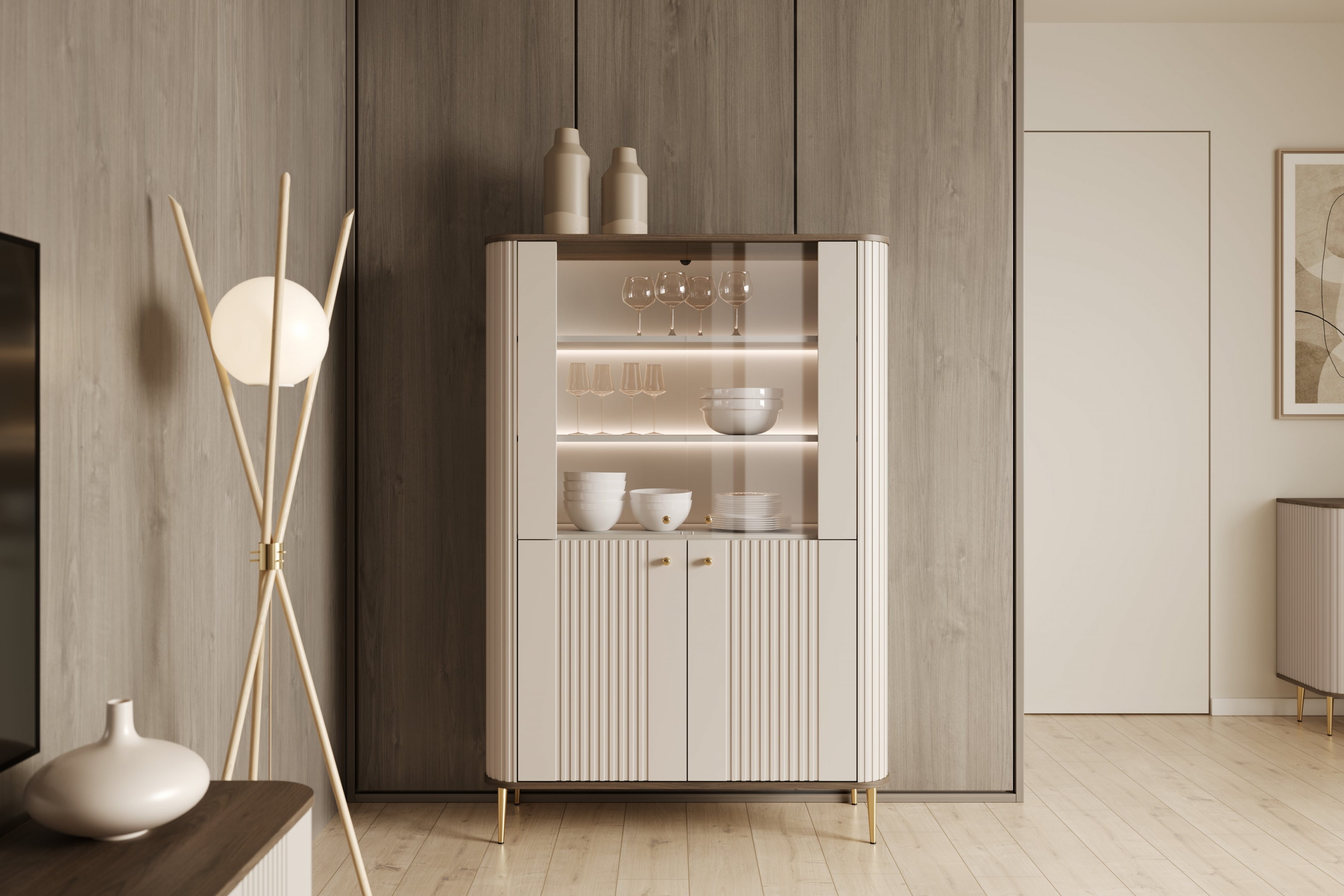Vitrína Vesper 103 cm - kašmír / ořech / zlaté nohy Vitrína Vesper pro obývacího pokoje - kašmír / ořech / zlote Nohy