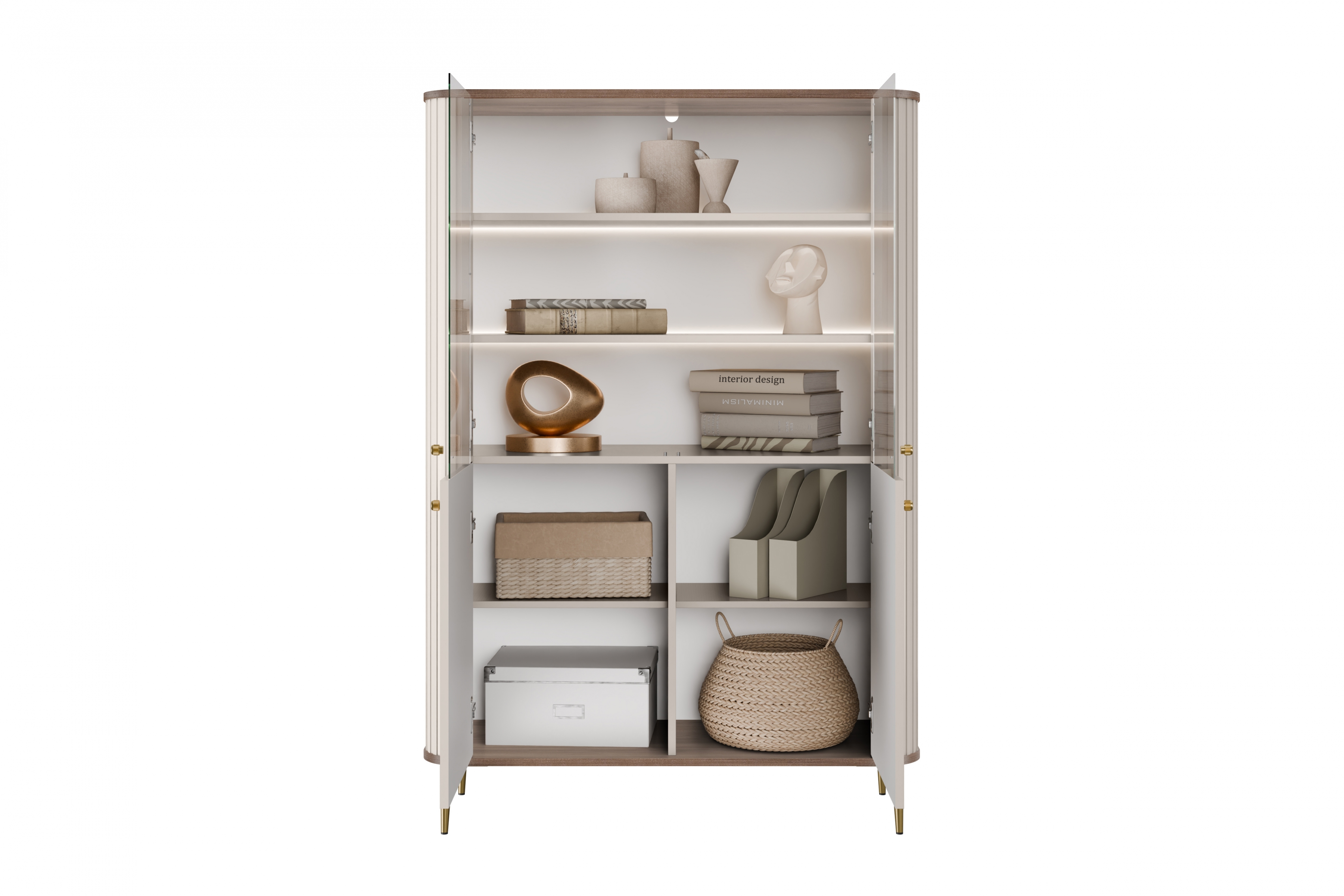 Vitrína Vesper 103 cm - kašmír / ořech / zlaté nohy Vitrína Vesper pro obývacího pokoje - kašmír / ořech / zlote Nohy