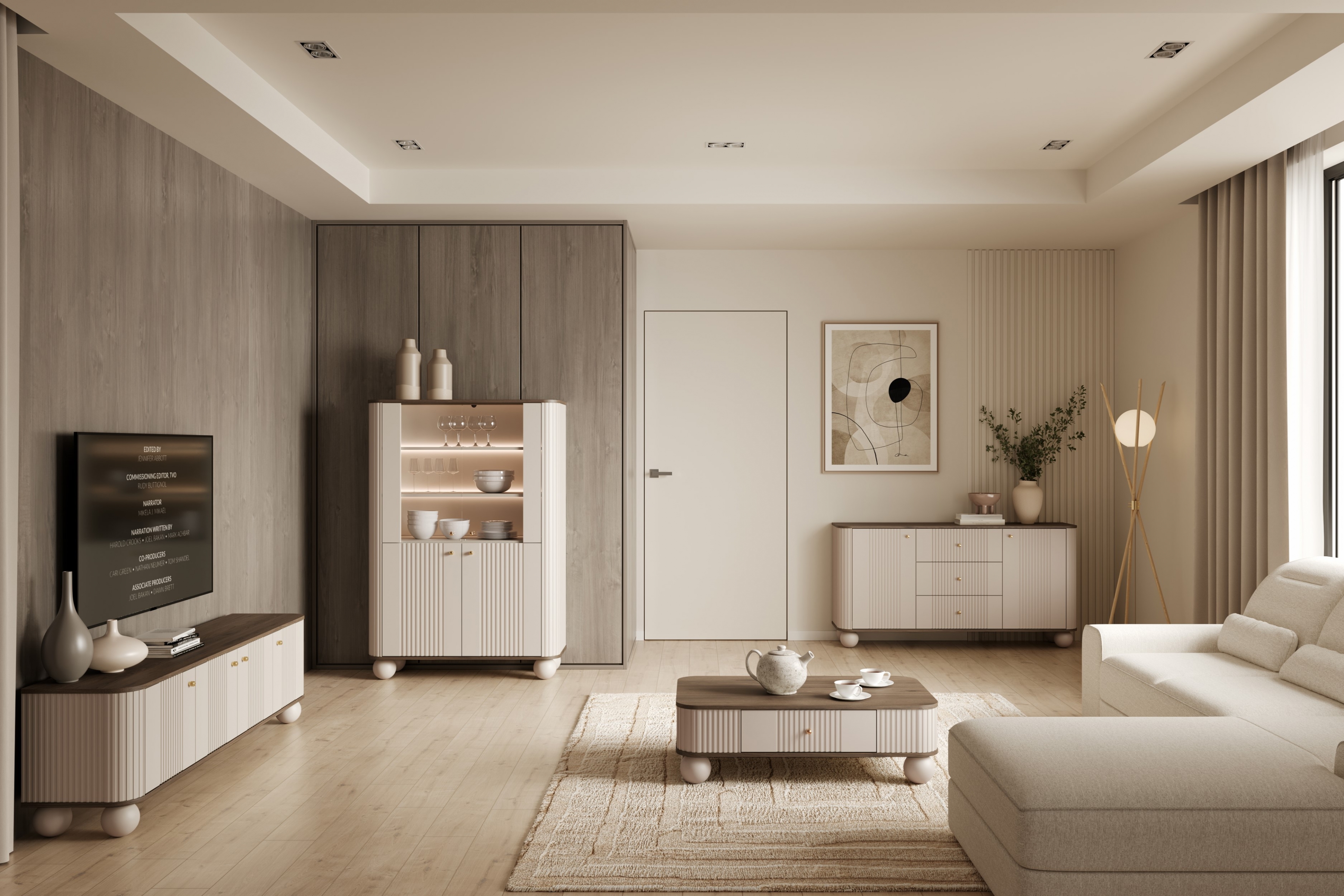 Vitrína Vesper 103 cm - kašmír / ořech / zlaté úchyty / kulaté nohy Vitrína Vesper pro obývacího pokoje - kašmír / ořech / zlote Úchytky / Nohy kule