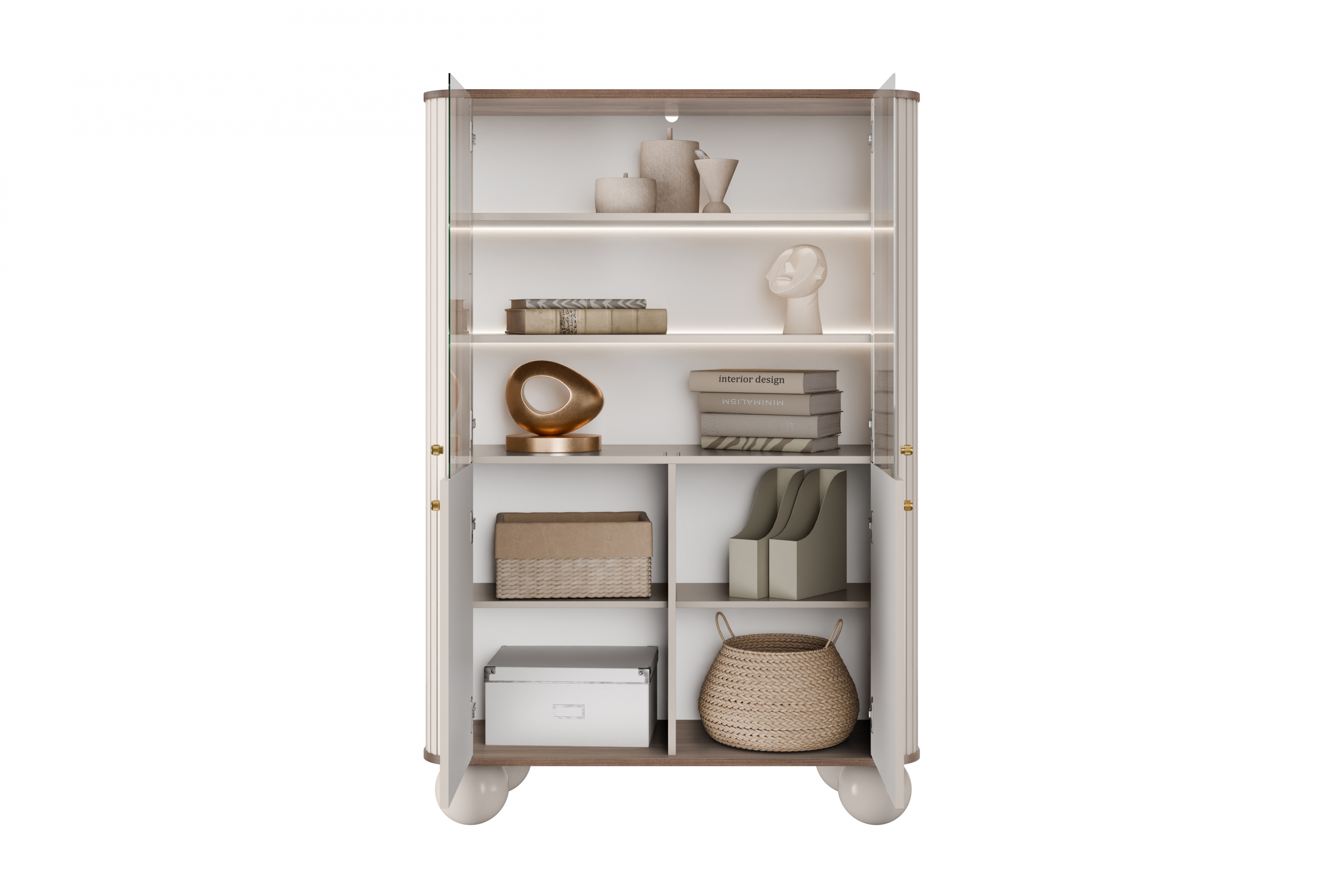 Vitrína Vesper 103 cm - kašmír / ořech / zlaté úchyty / kulaté nohy Vitrína Vesper pro obývacího pokoje - kašmír / ořech / zlote Úchytky / Nohy kule