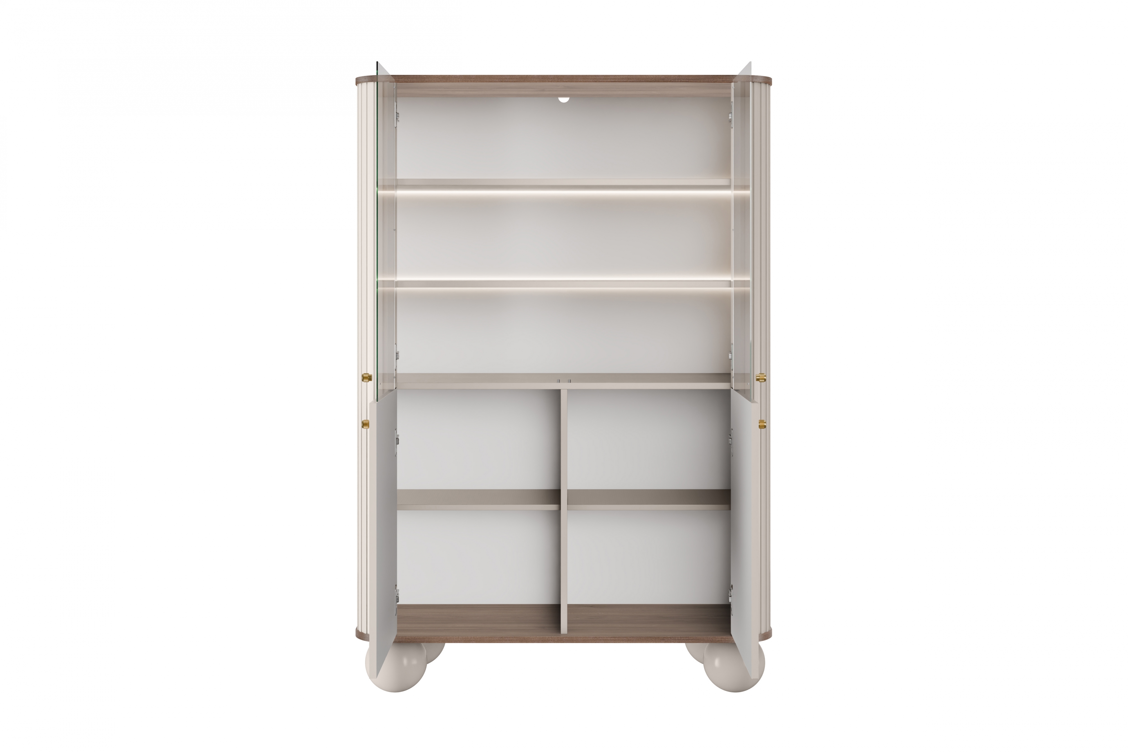 Vitrína Vesper 103 cm - kašmír / ořech / zlaté úchyty / kulaté nohy Vitrína Vesper pro obývacího pokoje - kašmír / ořech / zlote Úchytky / Nohy kule