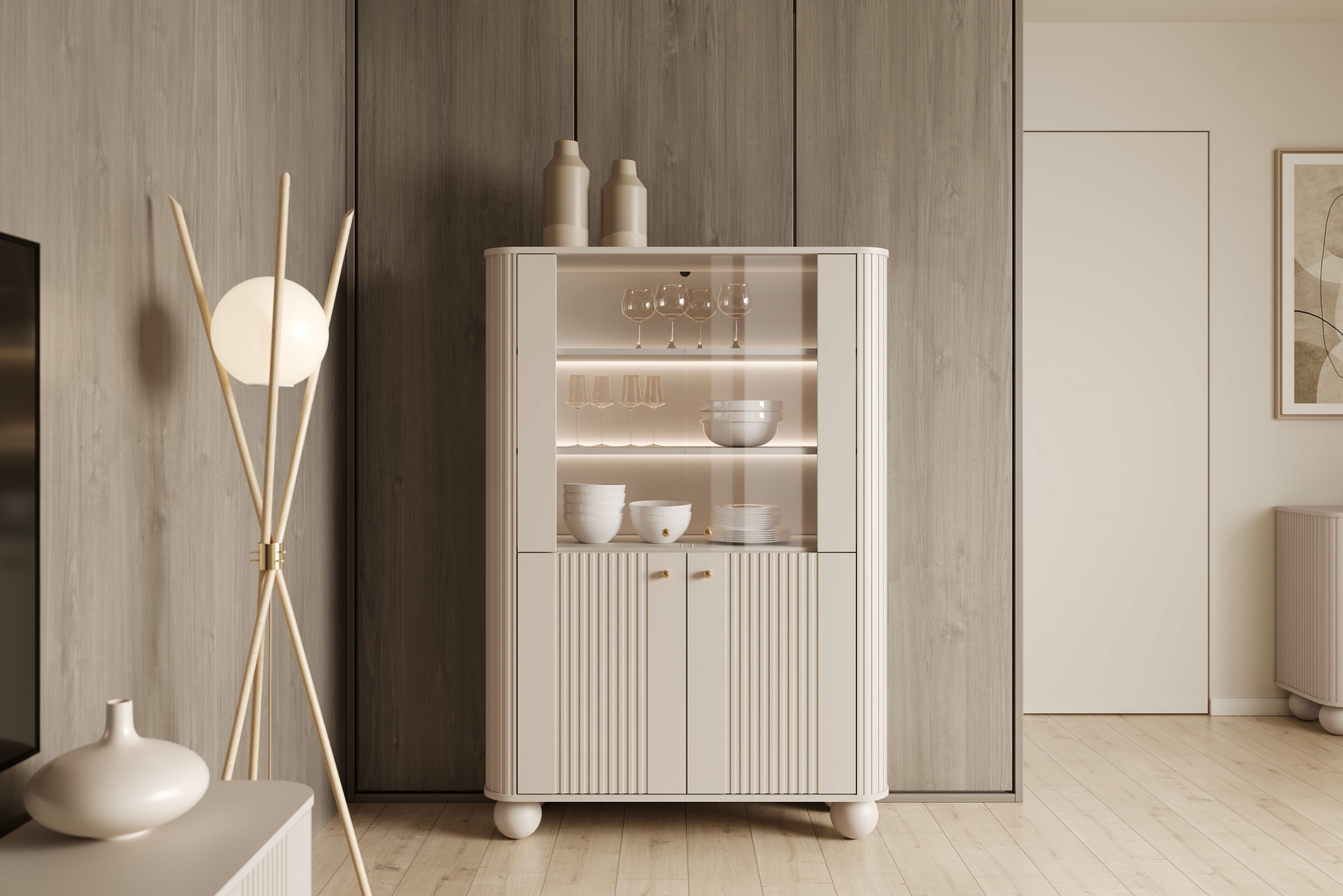 Vitrína Vesper 103 cm - kašmír / zlaté úchyty / kulaté nohy Vitrína Vesper pro obývacího pokoje - kašmír / zlote Úchytky / Nohy kule