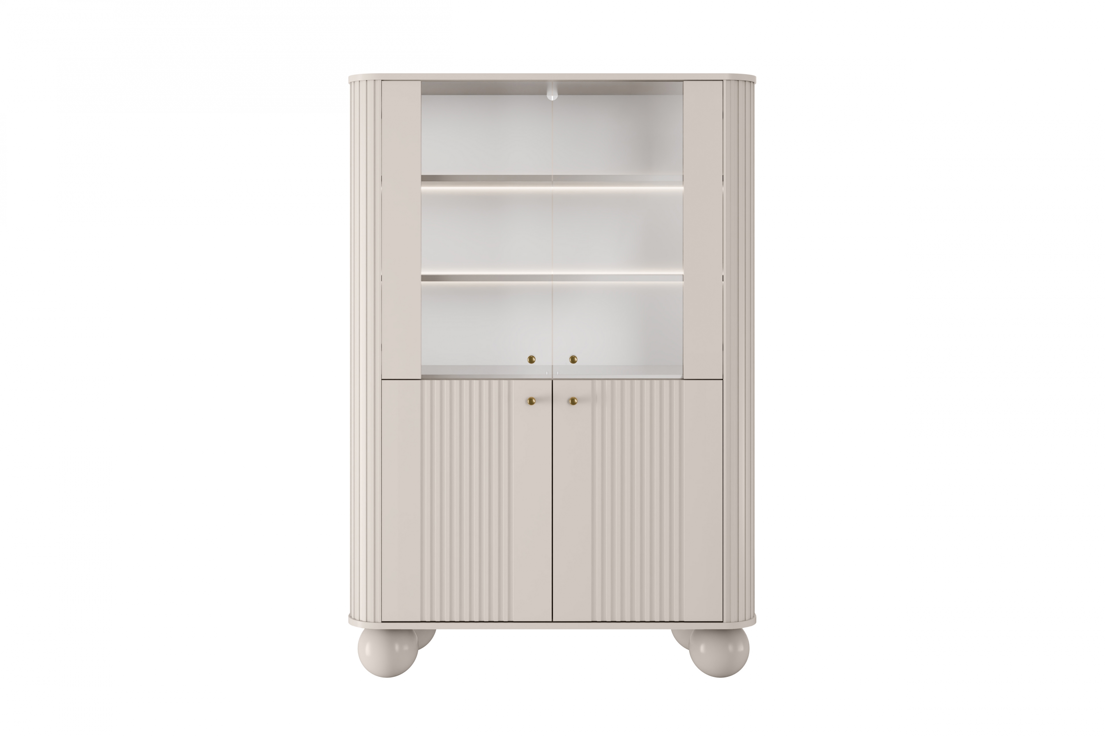 Vitrína Vesper 103 cm - kašmír / zlaté úchyty / kulaté nohy Vitrína Vesper pro obývacího pokoje - kašmír / zlote Úchytky / Nohy kule