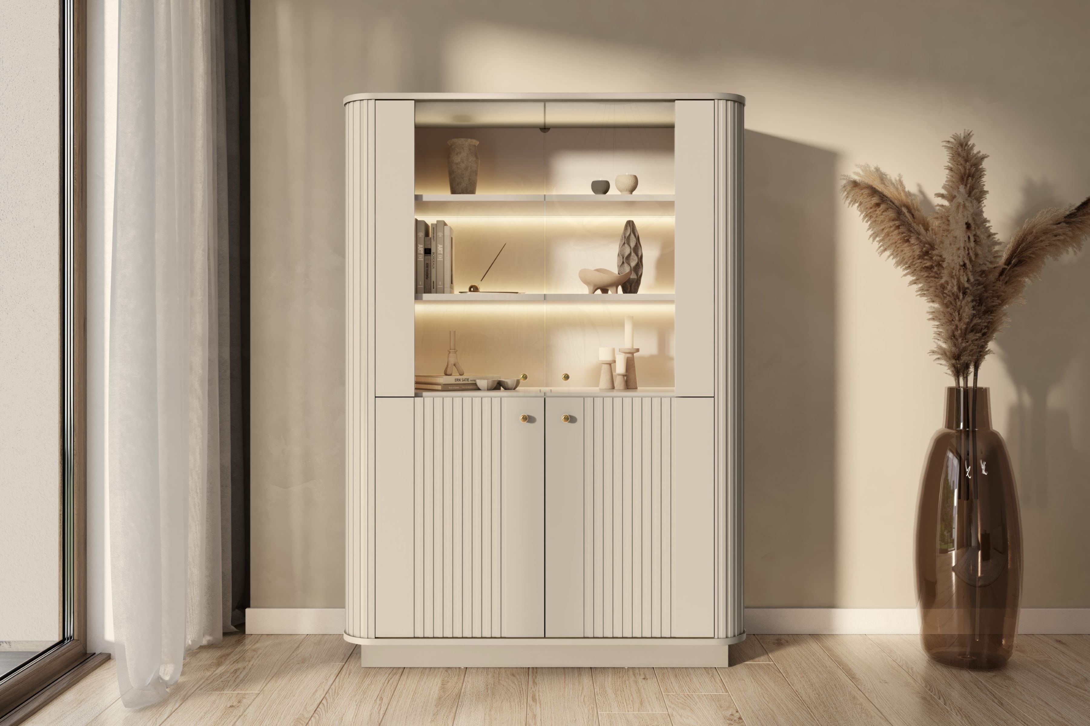 Vitrína Vesper 103 cm - kašmírová / zlaté úchytky Vitrína Vesper pro obývacího pokoje - kašmír / zlote Úchytky
