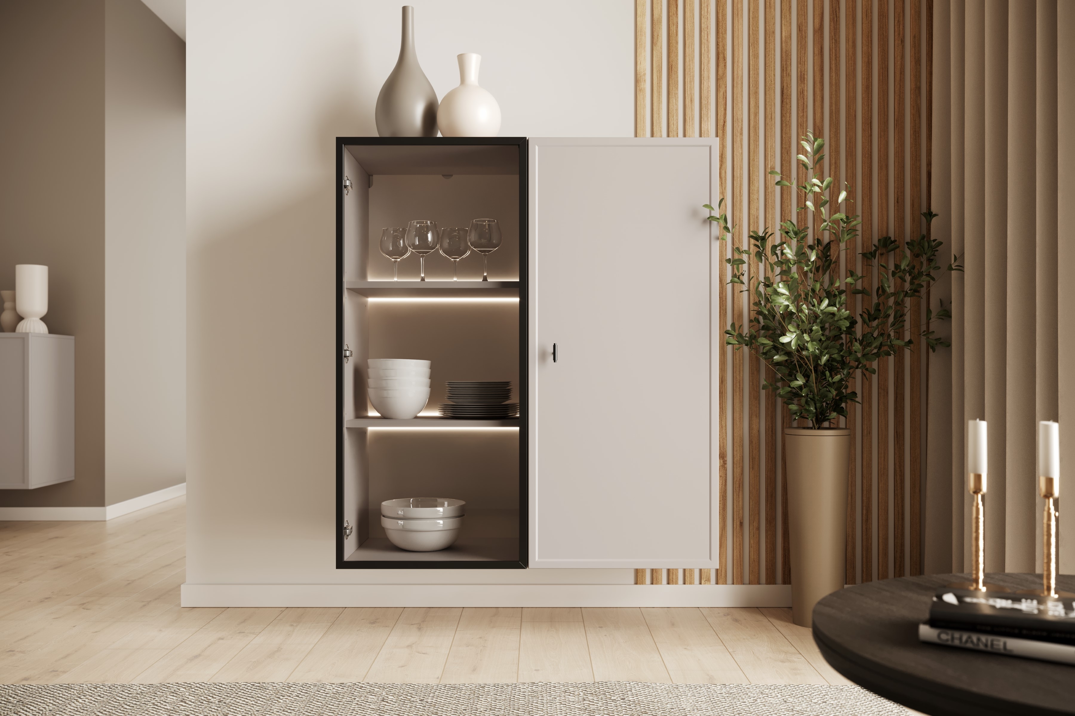 Závesná vitrína Lorini 100 cm - kašmírová / čierna úchytka T Vitrína závesná Lorini do obývacej izby 100 cm - kašmír / Čierny Úchytka T-bar