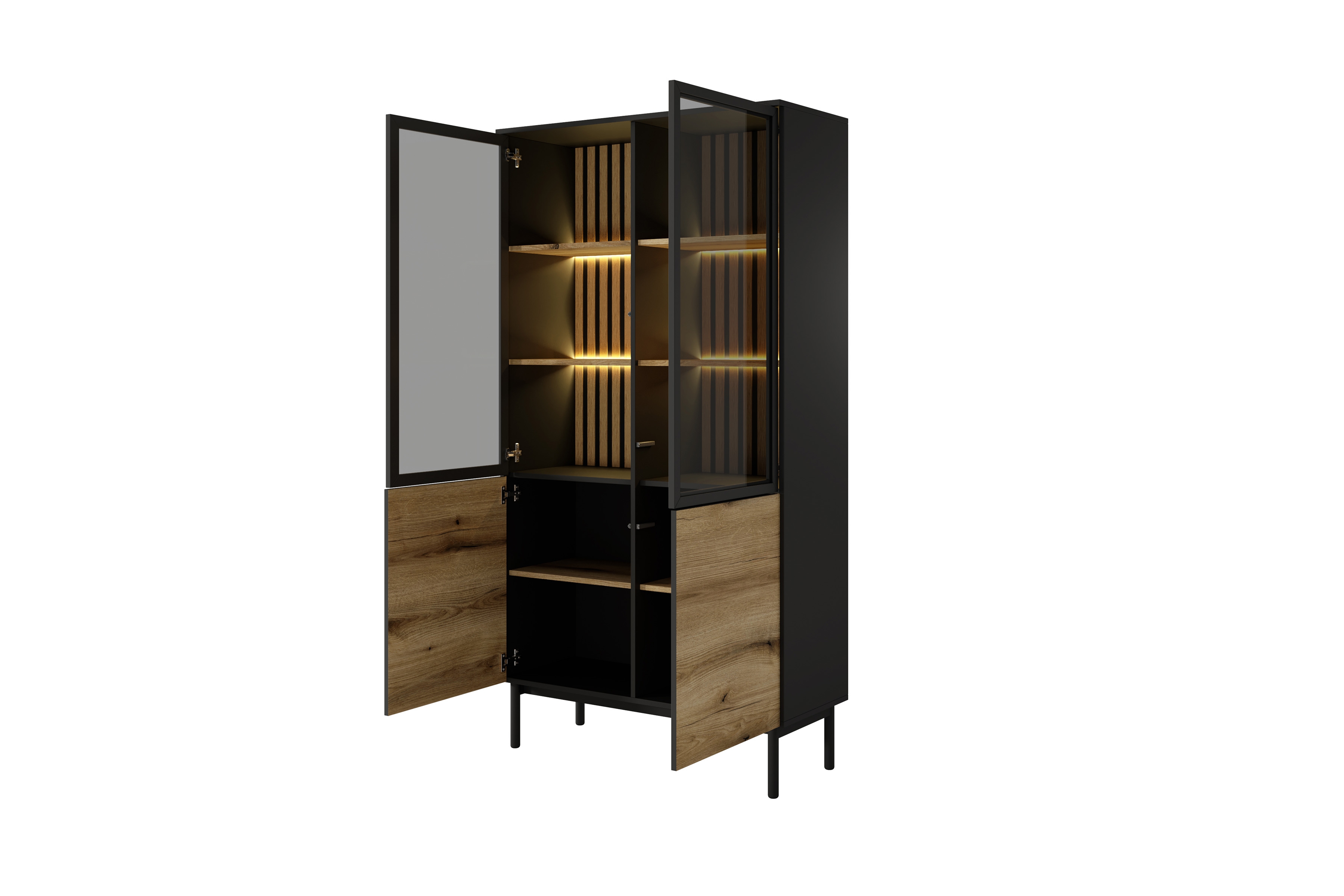 Vysoká vitrína Noro 100 cm s LED osvetlením - dub evoke / čierna Vitrína vysoká Noro 100 cm s osvetlením LED - Dub evoke / Čierny