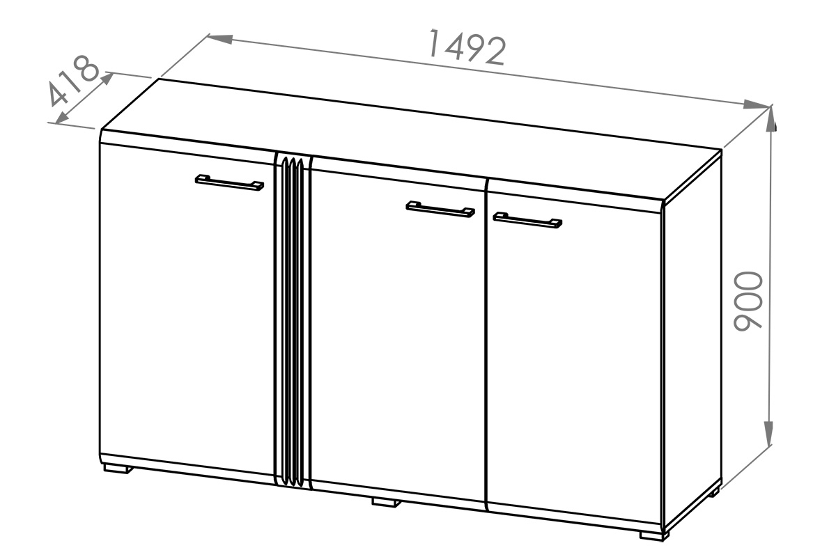 Komoda trojdverová Lipinz 05 z ryflowanym detalem - Dub castello / biely lesk Komoda trojdverová Adagio 05 z ryflowanym detalem - Dub castello / biely lesk - Rozmery