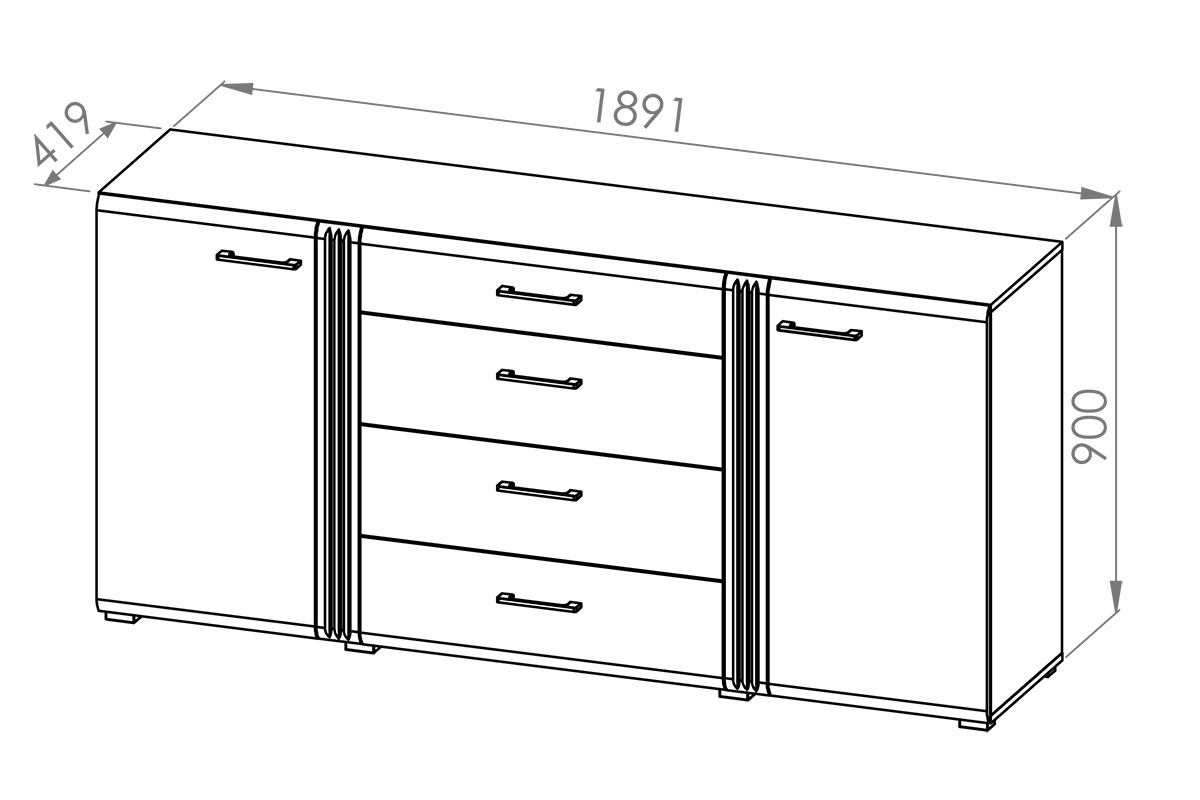 Komoda Adagio 06 se čtyřmi zásuvkami - dub castello / bílý lesk Komoda dvoudveřová se čtyřmi zásuvkami Adagio 06 - Dub castello / Bílý lesk - Rozměry